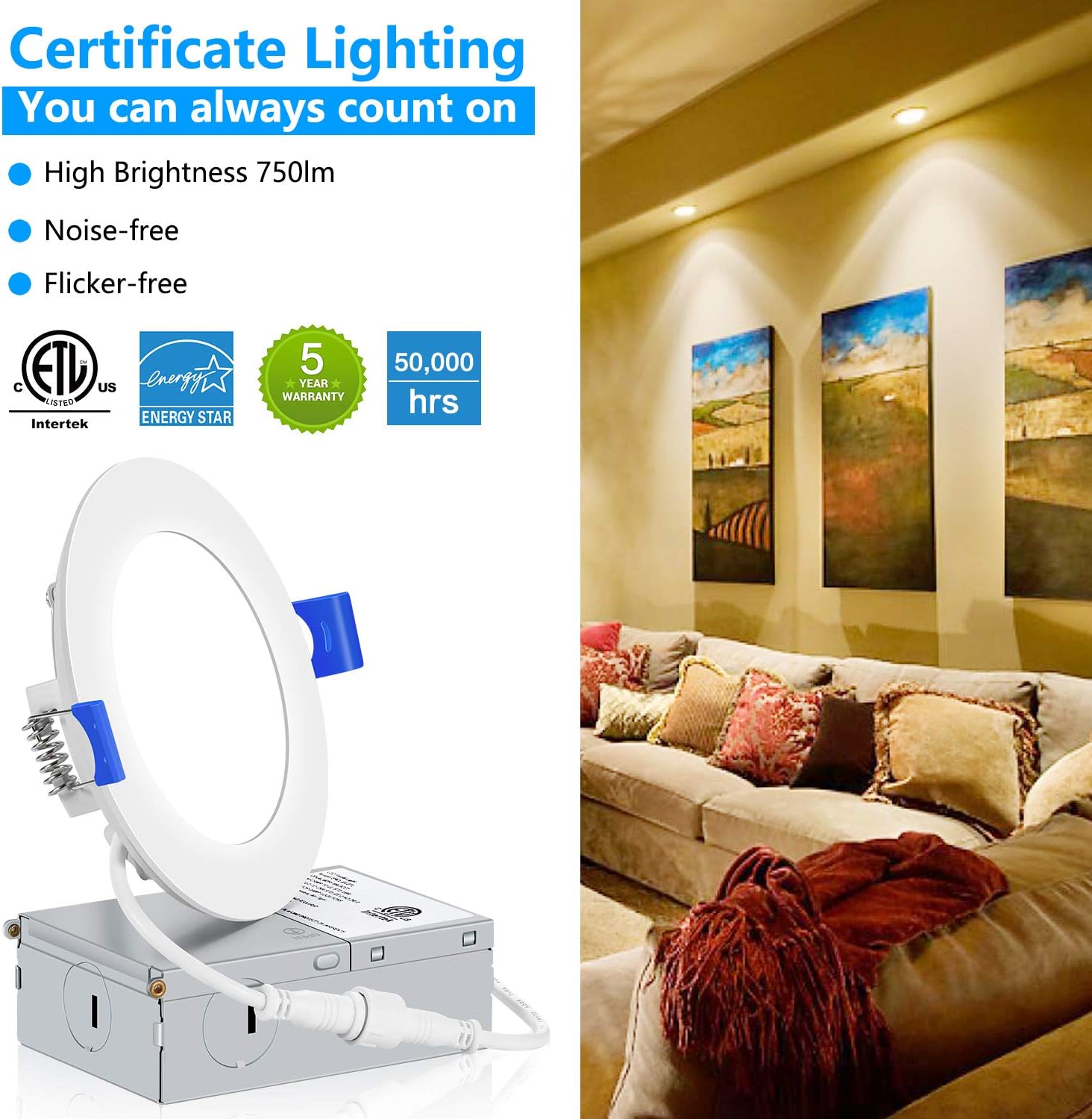 Detalle de INCARLED 3385f684-8fb5-44f4-9d78-8d775b4ab980 4-Inch 3CCT LED Pot Lights, 6-Pack
