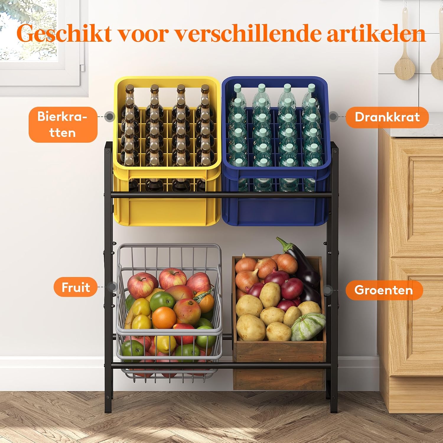 Detalle de Lifewit Drankenrek voor 4 kratten, zwart metalen rek met 4 niveaus