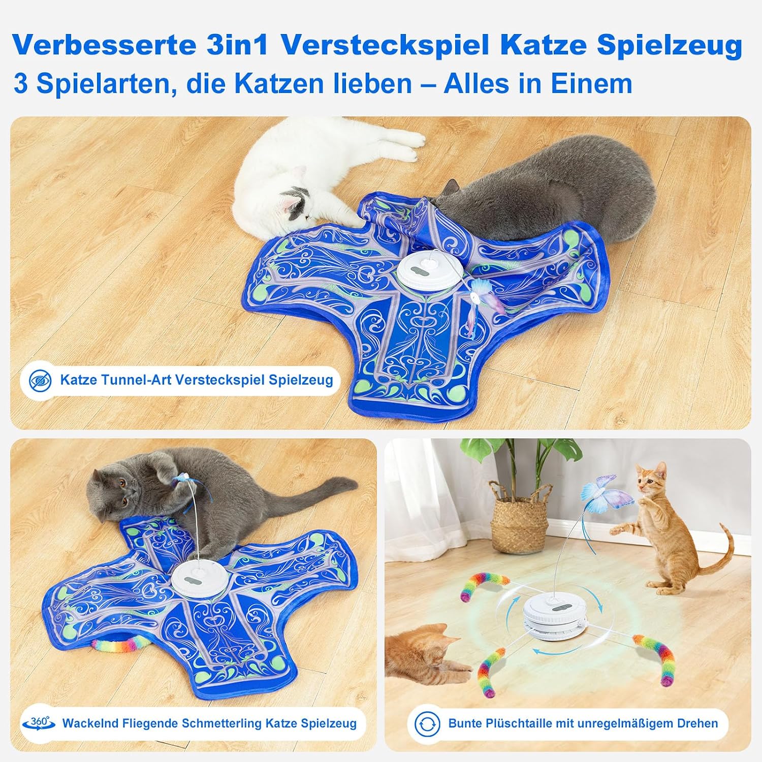 Thumbnail 1 de Qraxond interaktives Katzenspielzeug für Wohnungskatzen – wiederaufladbares Versteckspiel mit flatterndem Spielzeug (Blau)