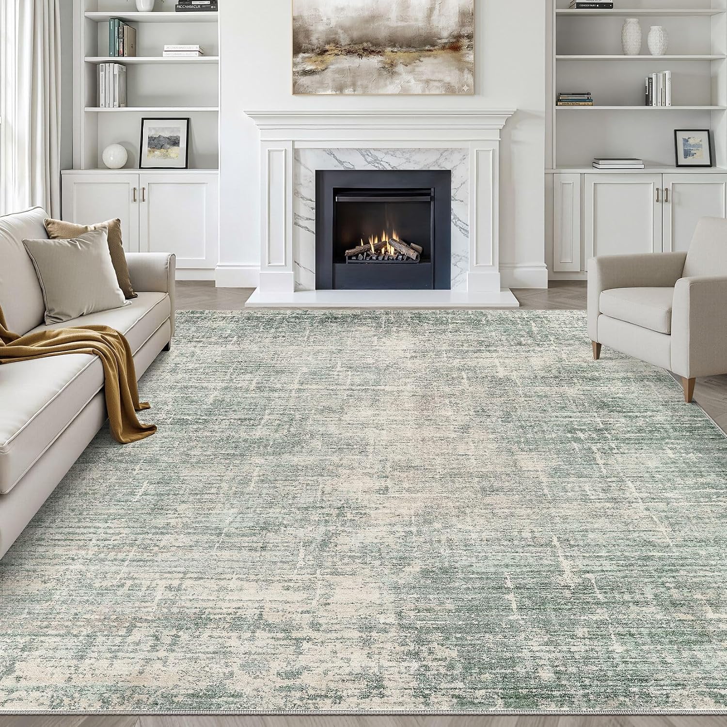Detalle de 7x9 Area Rug Living Room: Washable Large Neutral Green Abstract Rug
