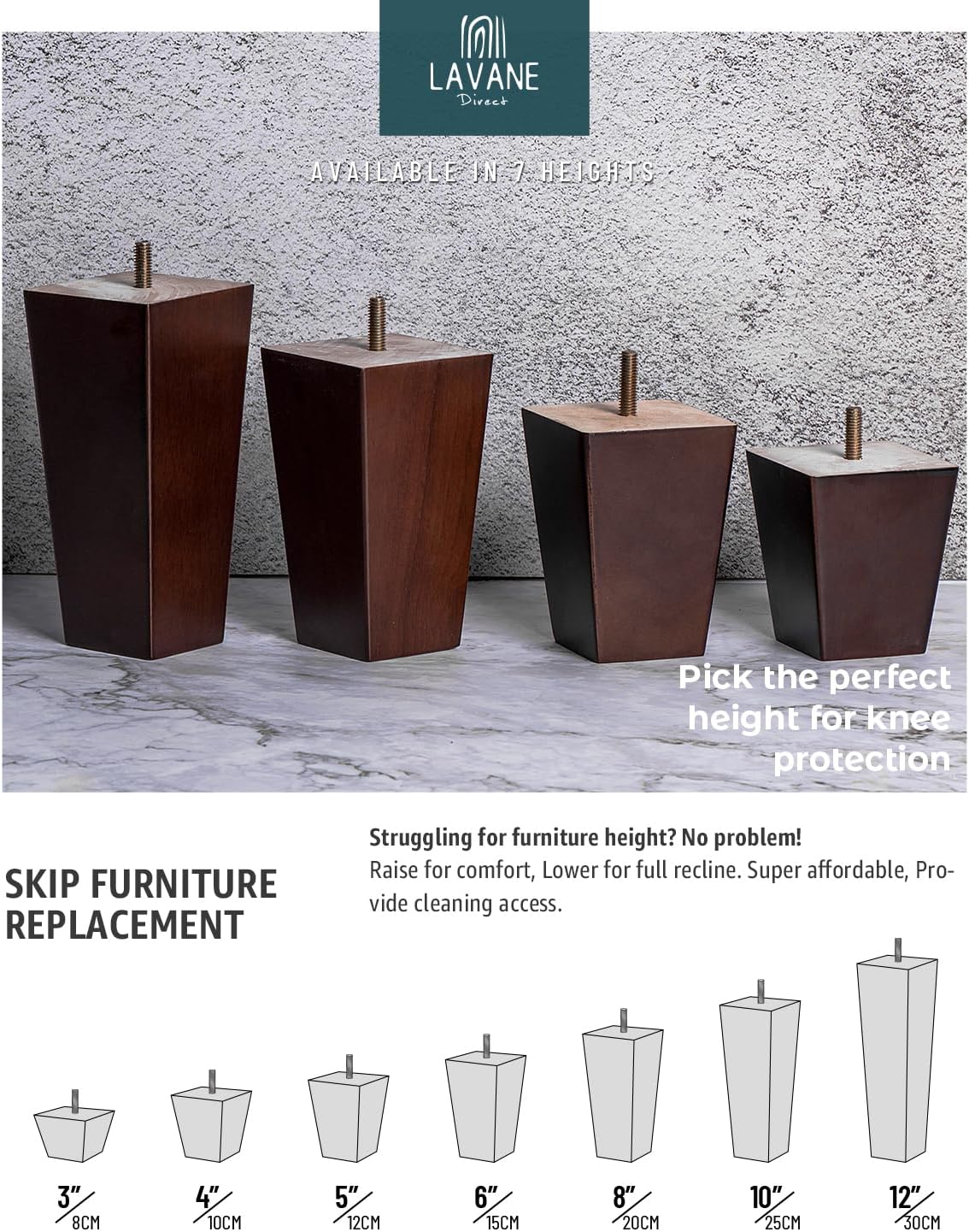 Thumbnail 6 de La Vane 10 inch Solid Wood Furniture Legs (Set of 4) – Walnut, Pyramid Design with M8 Kit