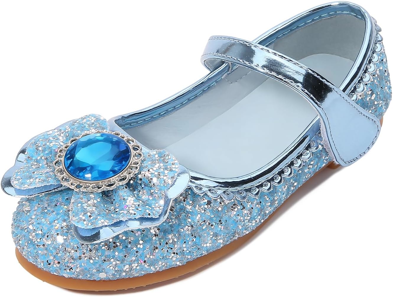 Detalle de FStory&Winyee Prinzessin Schuhe für Mädchen – Glitzernde Elsa-/Prinzessin-Optik, Klettverschluss, 1,5 cm Absatz