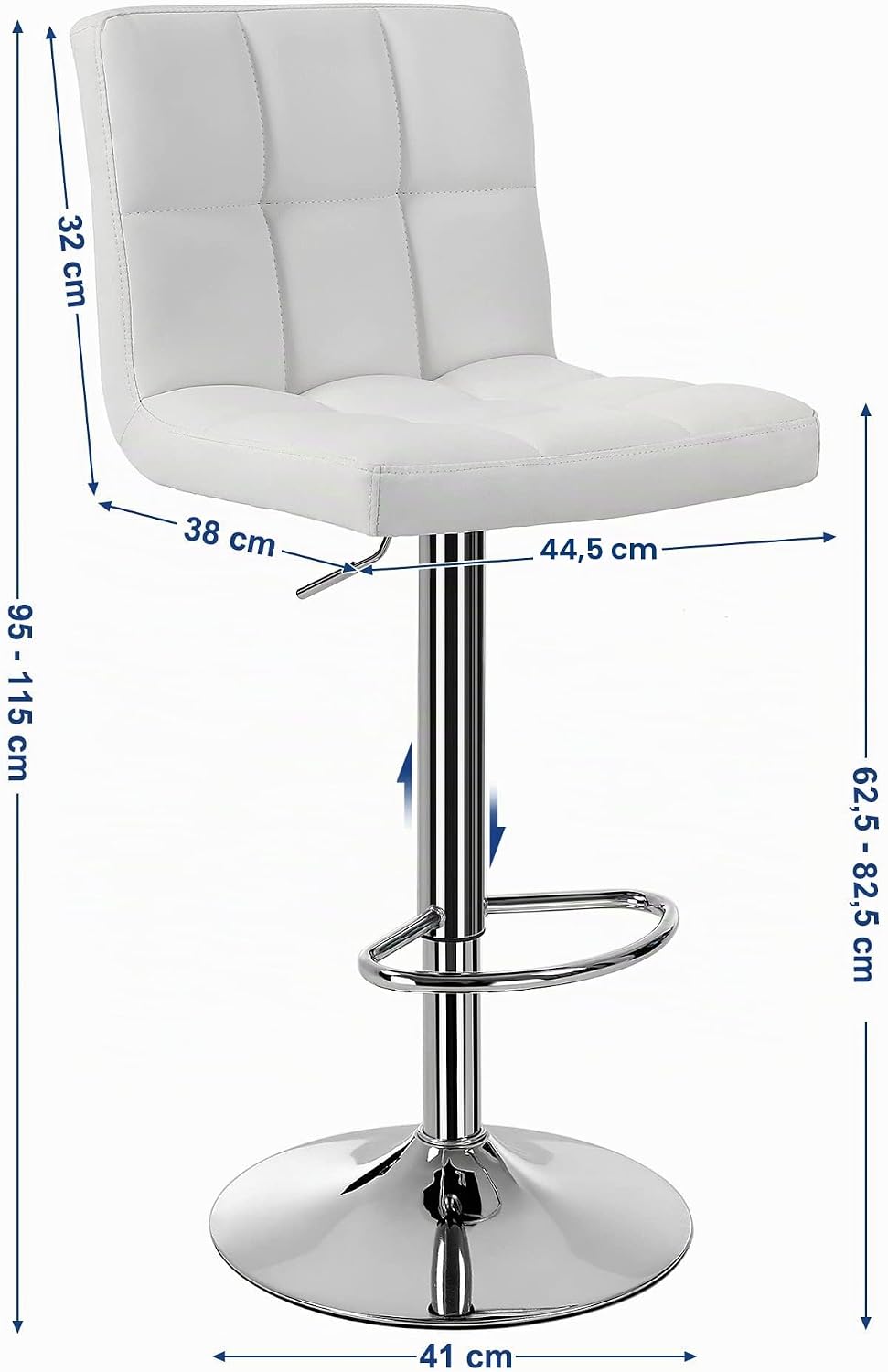 Detalle de SONGMICS Set di 2 Sgabelli da Bar o Cucina in Similpelle, Regolabili e Girevoli a 360°, con Schienale e Poggiapiedi, Struttura in Acciaio Cromato, Bianco LJB64W