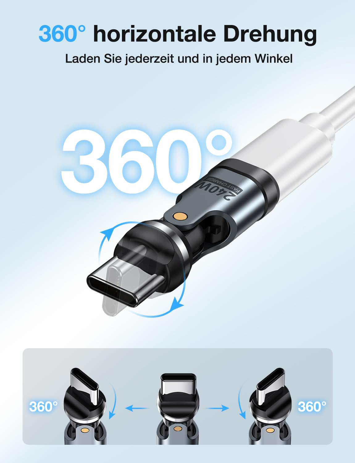 Detalle de AUFU 240W USB-C auf USB-C Adapter, 90° Winkelstecker (3er Pack) – PD-Schnellladung & 540° Drehung