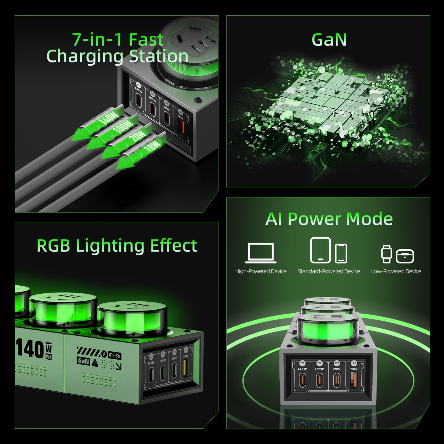 Thumbnail 6 de Mfish E-Tank 140W GaN Desktop Charging Station (7-in-1) with 3 AC Outlets and 4 USB-C Ports