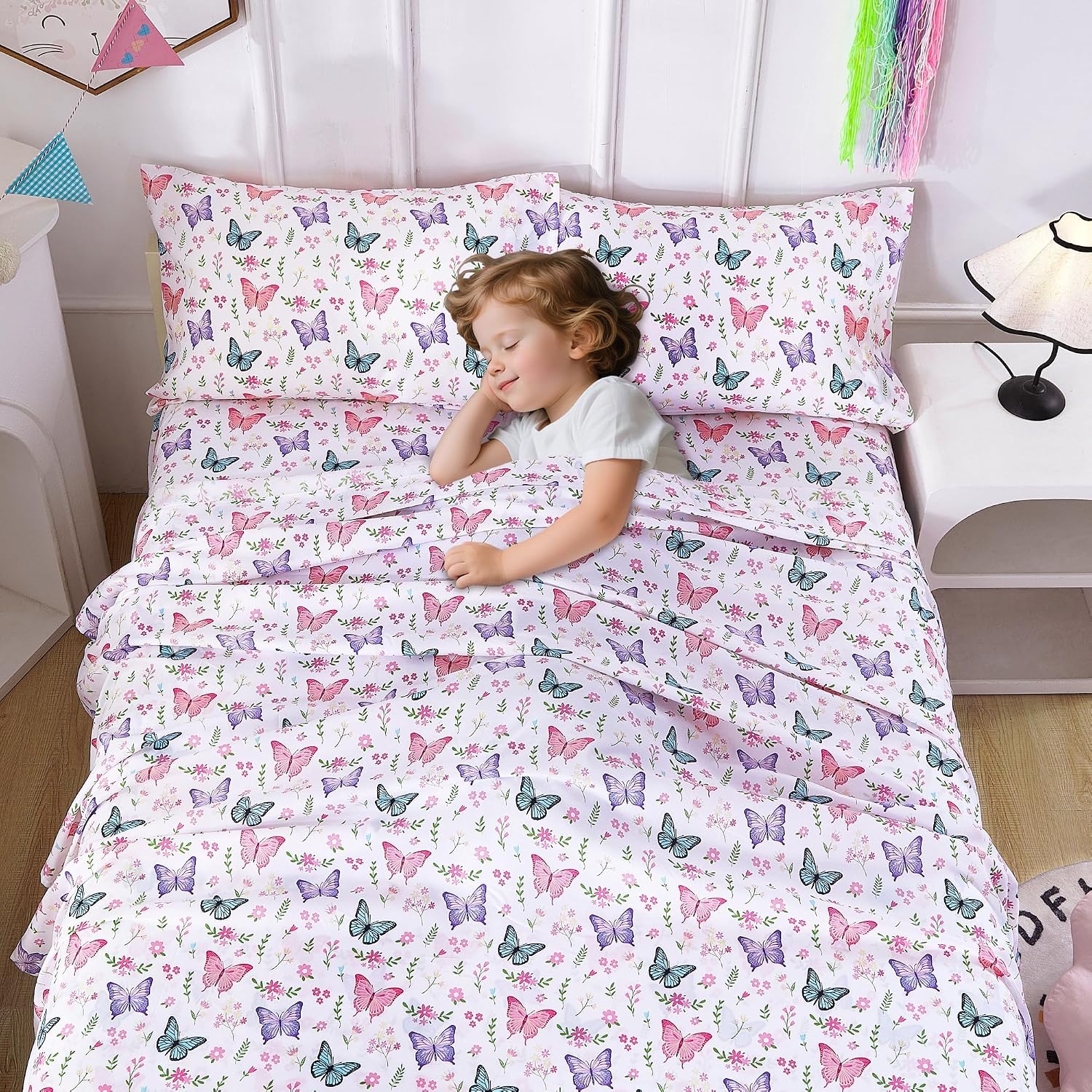 Detalle 2 de Softan Kids Full-Size Bed Sheet Set, Butterfly Bloom, 15" Deep Pocket