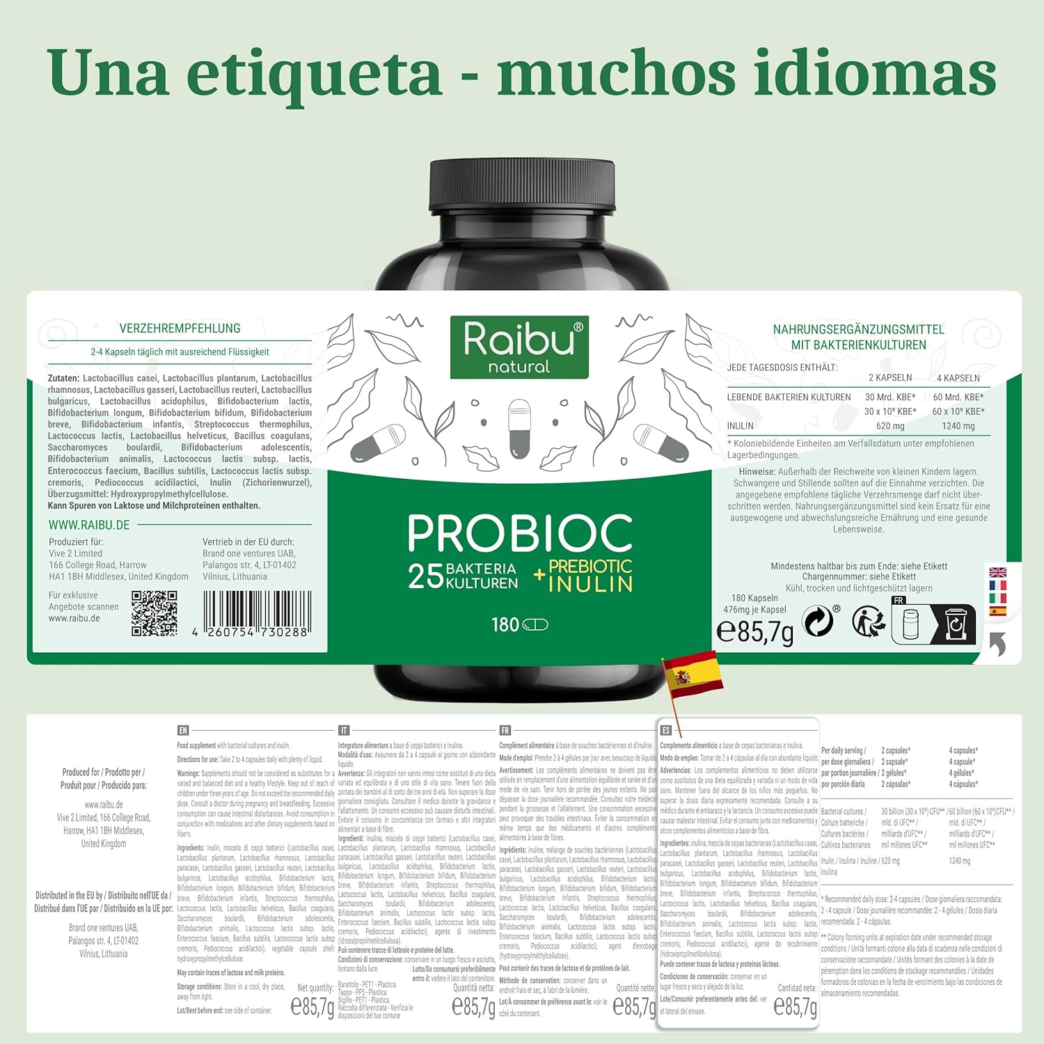 Thumbnail 5 de Probióticos y prebióticos intestinales – 180 cápsulas, 25 cepas 🌱