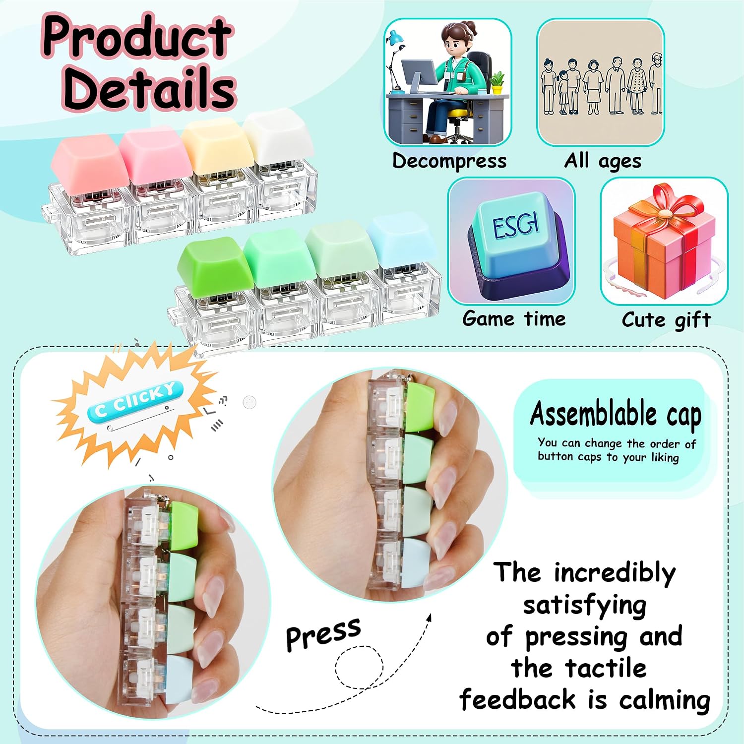 Detalle de 2 PCS Keyboard Fidget Toy Review: 4-in-1 Keyboard Decompression Button Keychains
