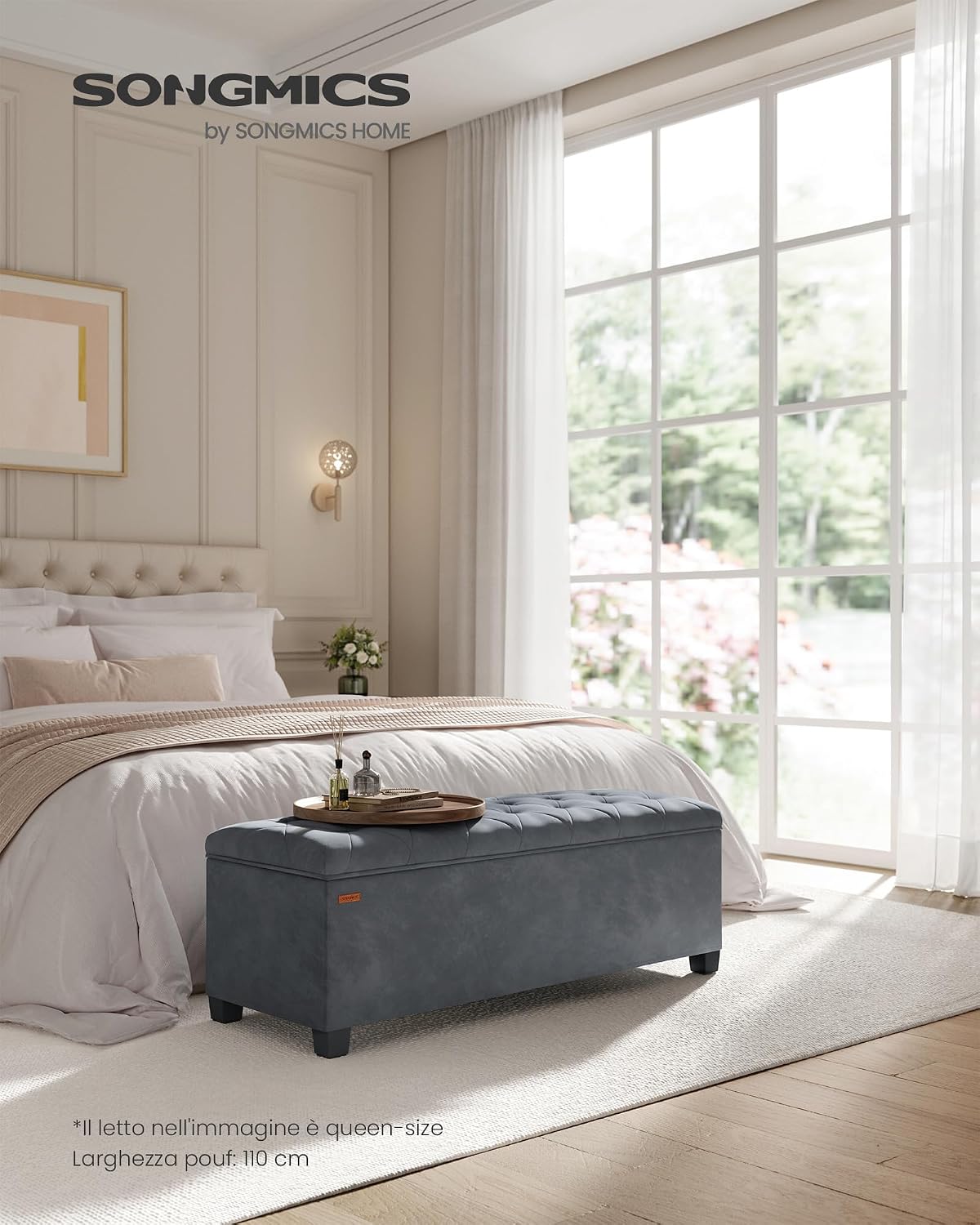 Detalle 2 de SONGMICS Cassapanca pouf contenitore 40 x 110 x 39 cm con gambe in legno (LSF089G01) grigio ardesia