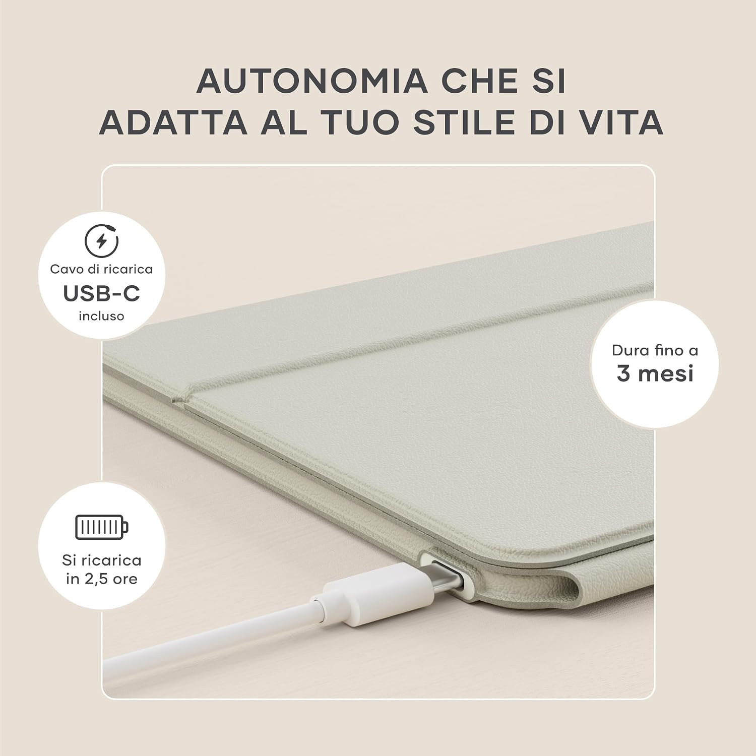 Detalle de Satechi OntheGo™ Tastiera Wireless Bluetooth con Supporto Regolabile per iPad e Tablet, QWERTY US – fino a 3 dispositivi, Beige