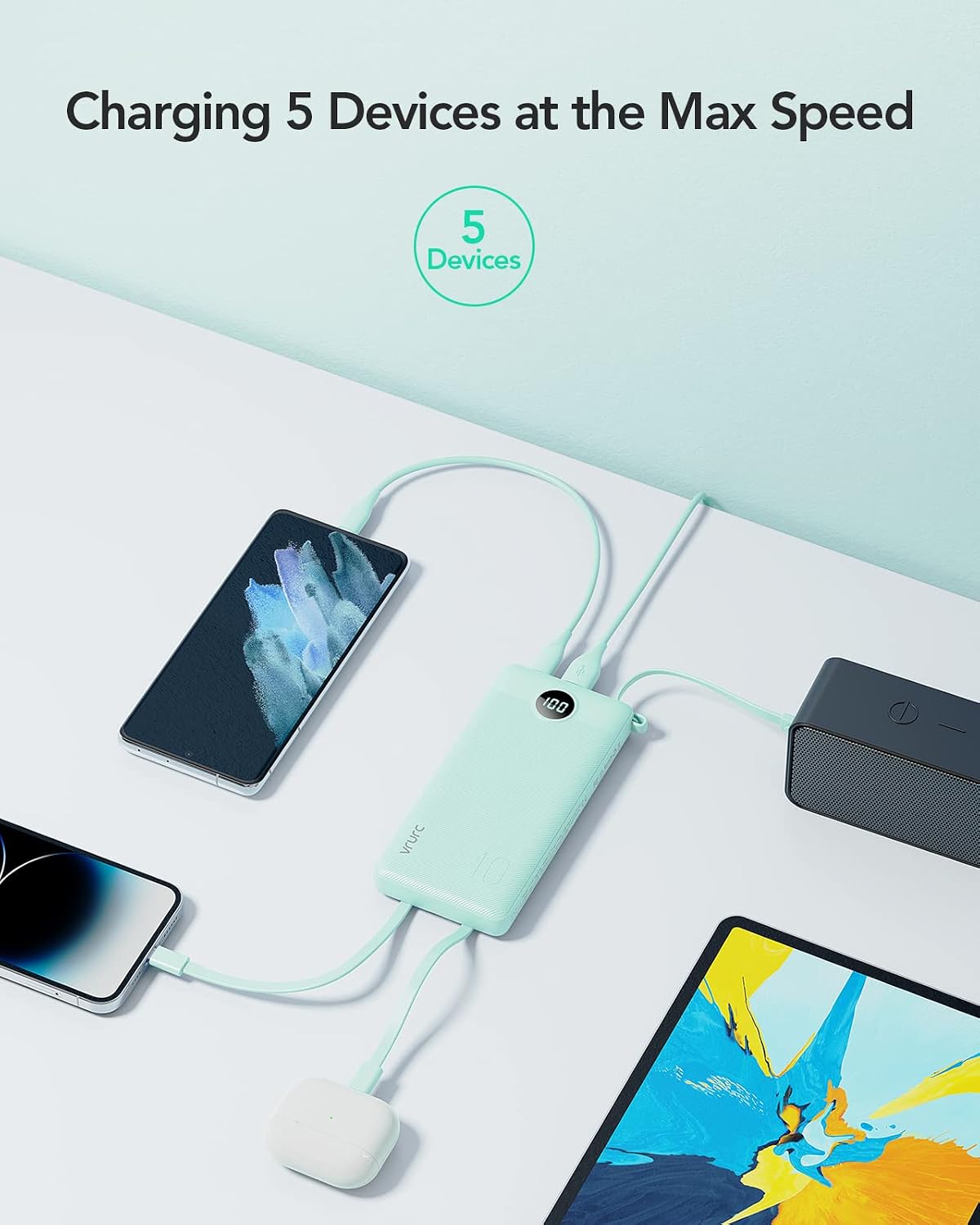 Detalle 2 de VRURC T1116 Portable Charger, 10,000mAh Power Bank with 4 Built-In Cables