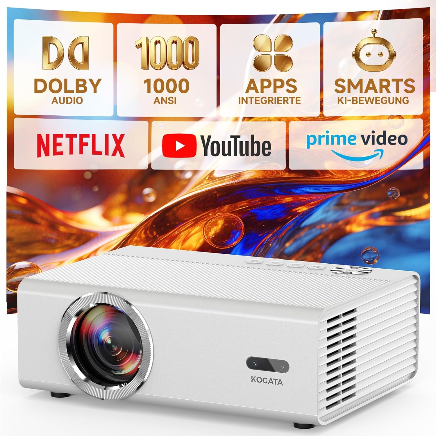 Detalle de KOGATA GC357 4K Smart Beamer mit WLAN & Bluetooth – HDR10+ Auto-Fokus, 6D Keystone, Dolby Audio, Heimkino für Garten & Streaming