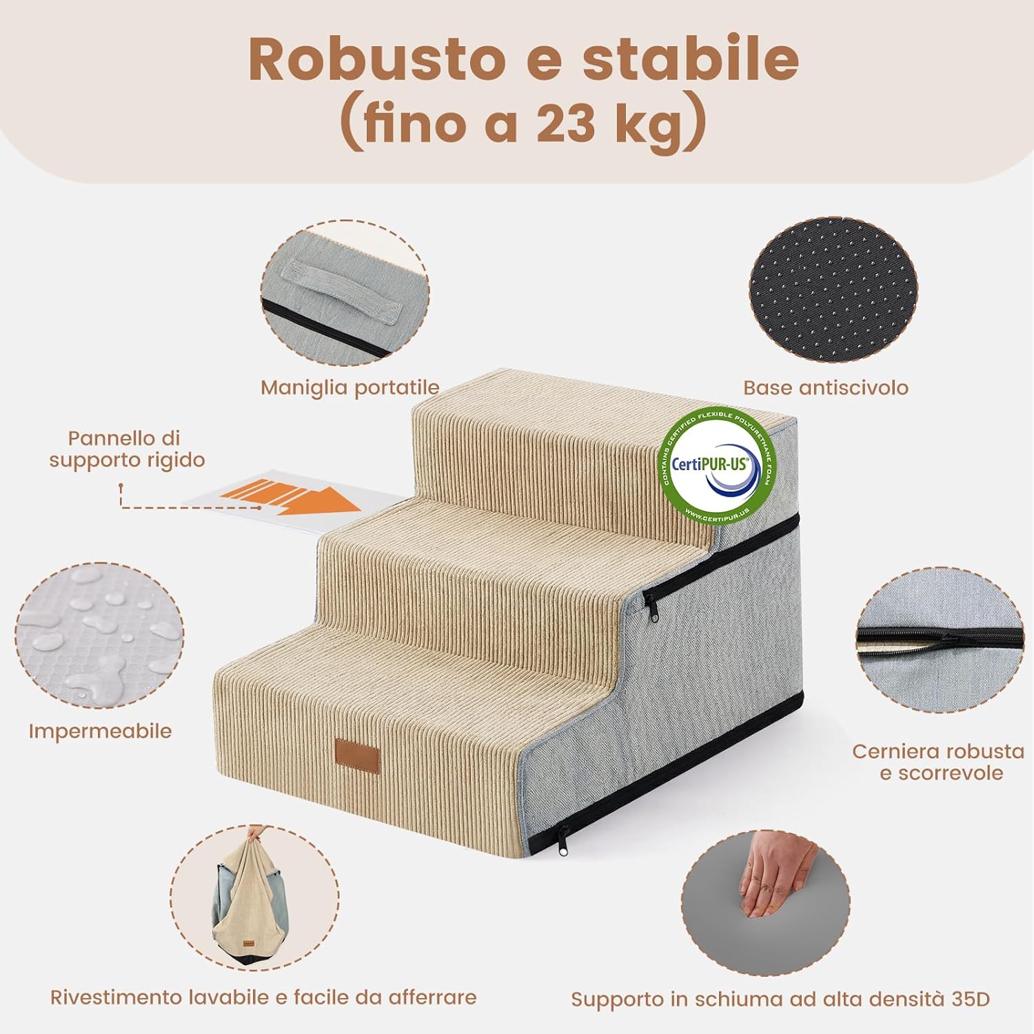 Thumbnail 2 de Gardner Pet Scala per Cani Piccola Taglia a 3 Gradini in Schiuma 35D con rivestimento impermeabile e antiscivolo, Beige