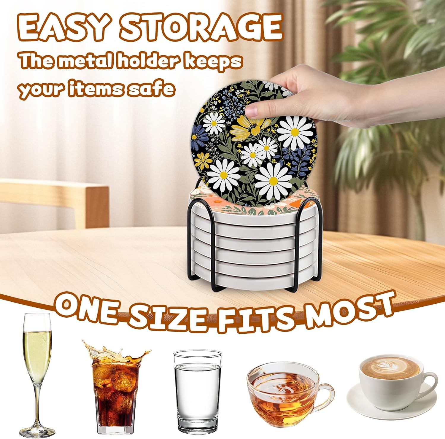 Detalle de Six Flower Ceramic Coasters with Holder