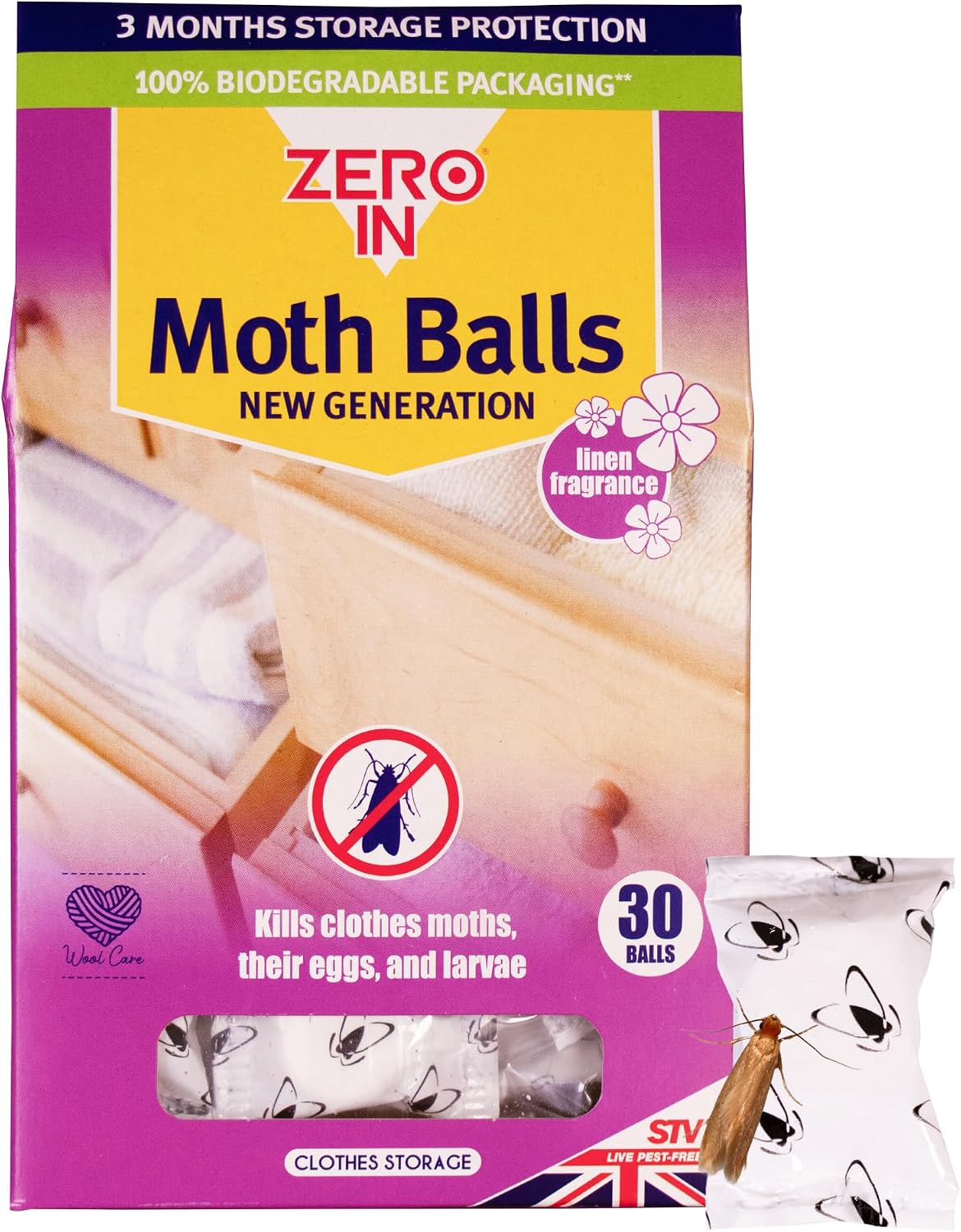 Zero In New Generation Moth Balls – Advanced Transfluthrin Moth Killer for Wardrobes (30 Pack)