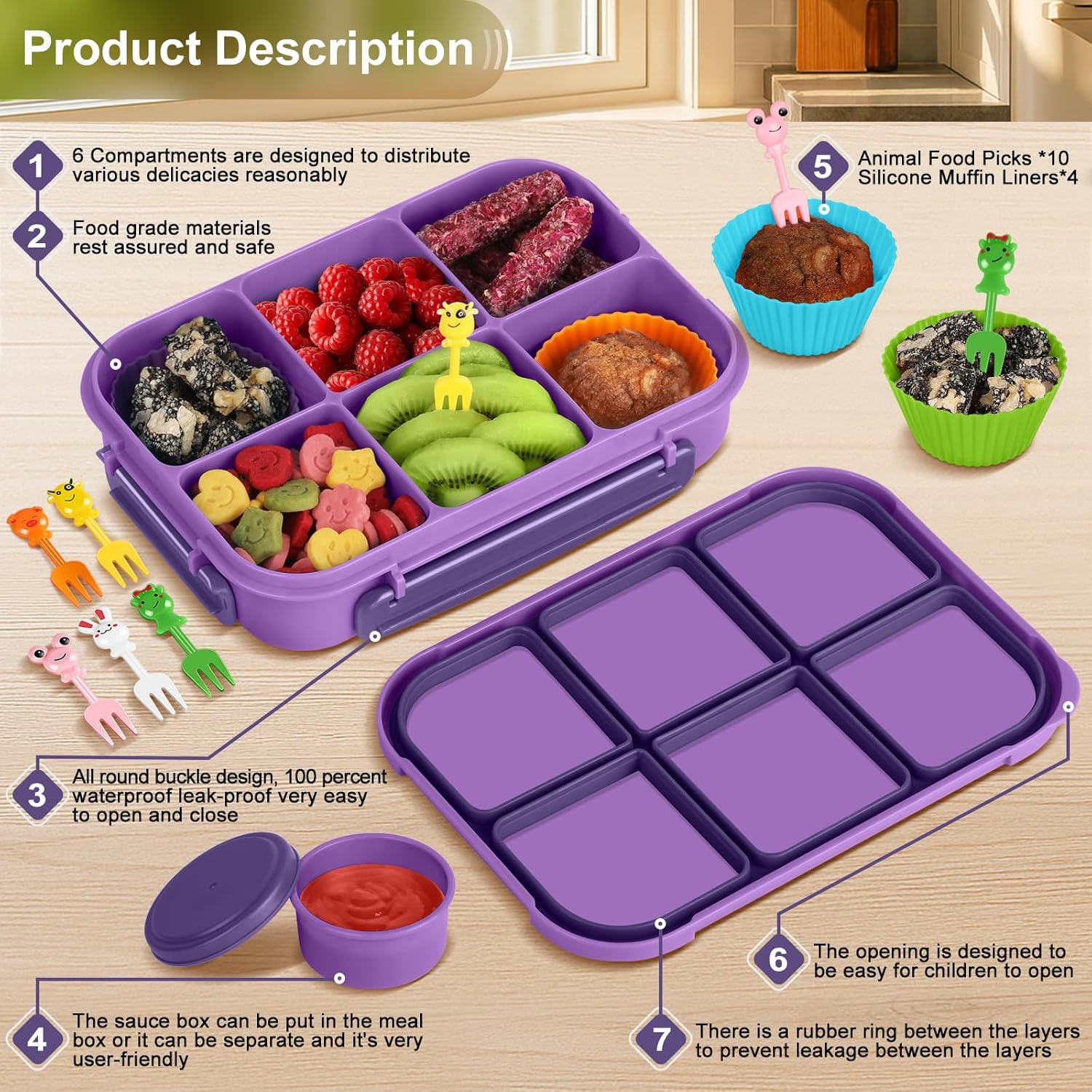 Thumbnail 2 de Amathley Bento-Box 16-in-1: 1200 ml Lunchbox Set für Kinder und Erwachsene (Lila, 6 Fächer, 10 Obstgabeln, 4 Muffinförmchen)