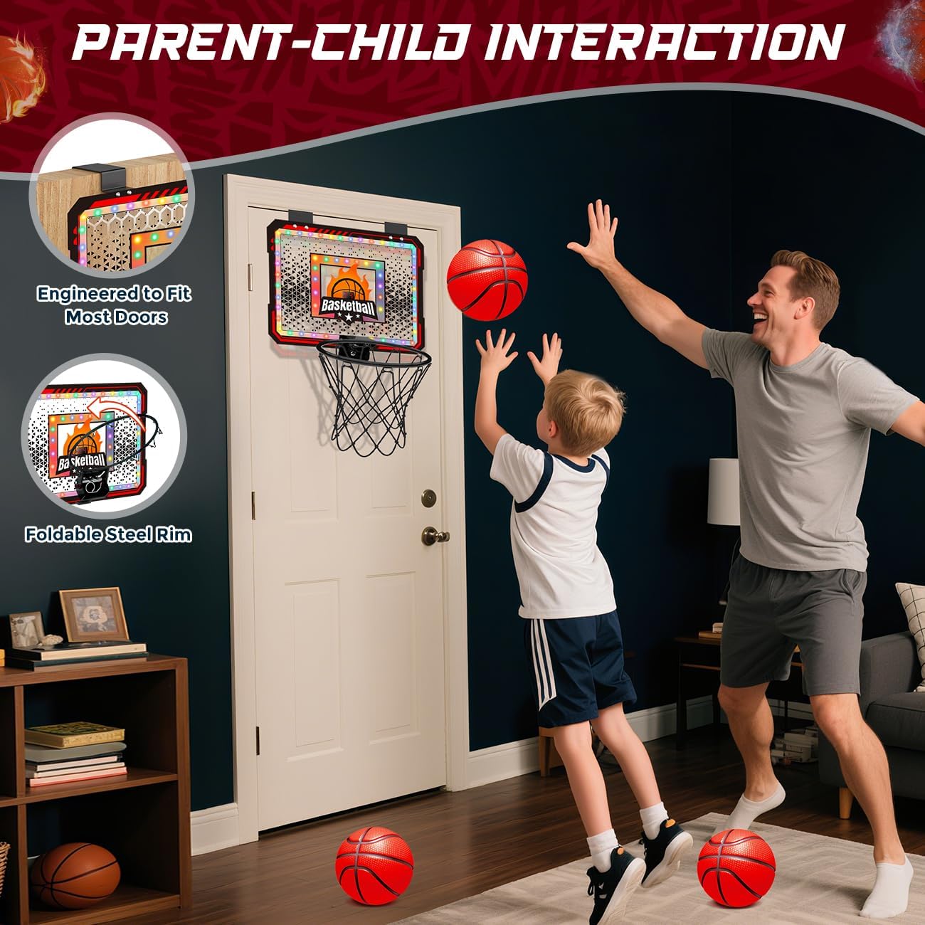 Detalle de VATOS Canestro da basket interno per bambini: luci LED, suoni e tavola da appendere alla porta