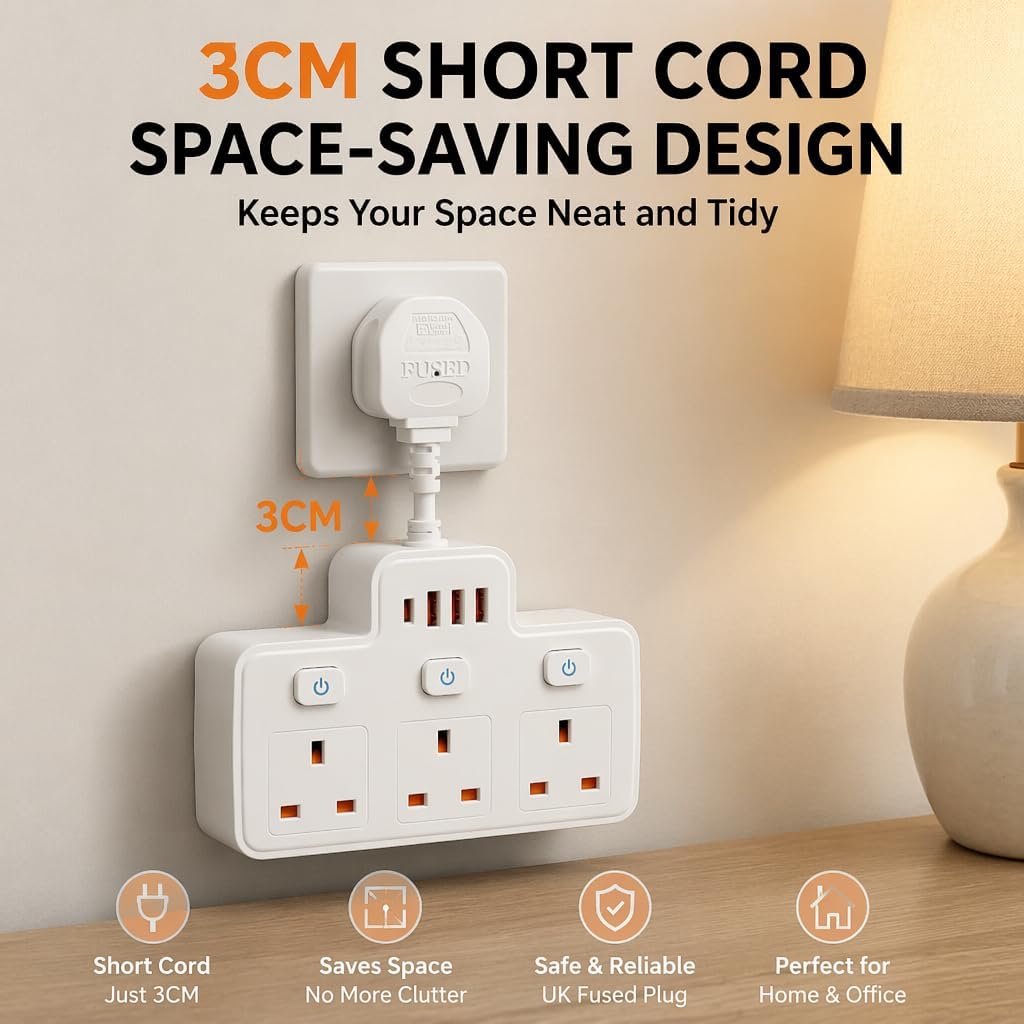 Detalle de Multi Plug Extension with Flexible Plug — 3 Way, USB & Individual Switches (White)