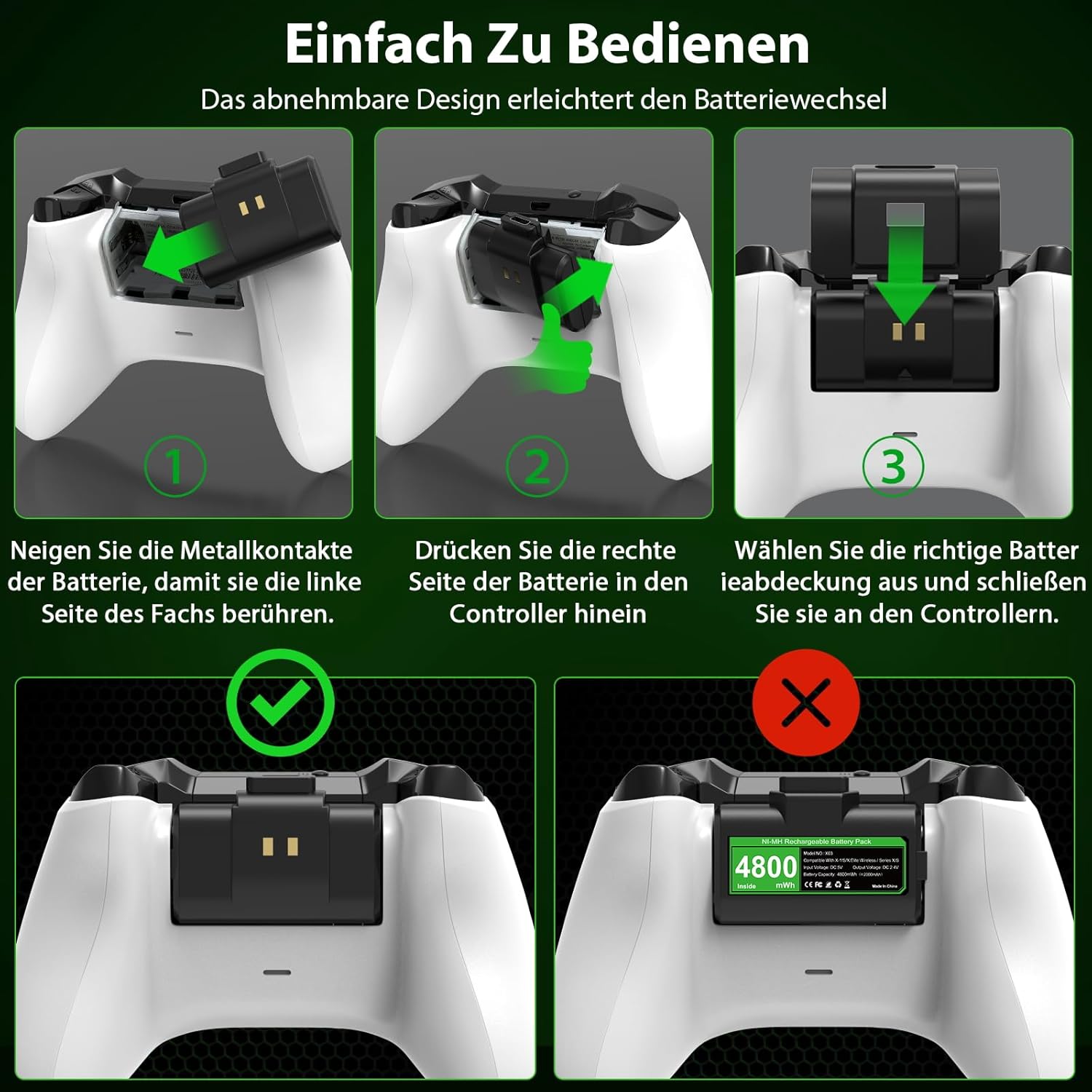 Thumbnail 6 de ZRZLMVP Akku-Pack für Xbox-Controller (2×4800 mWh) für Xbox One & Series X|S, 2er-Set inkl. USB‑C-Kabel und Abdeckungen