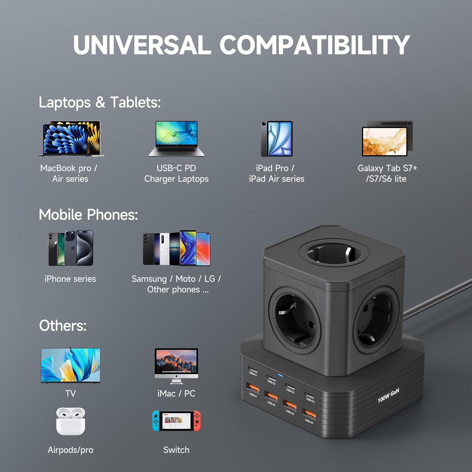 Thumbnail 6 de TOPREK 100W Multiprise USB Cube 13 en 1 avec 8 ports USB et 5 prises AC, câble 2 m