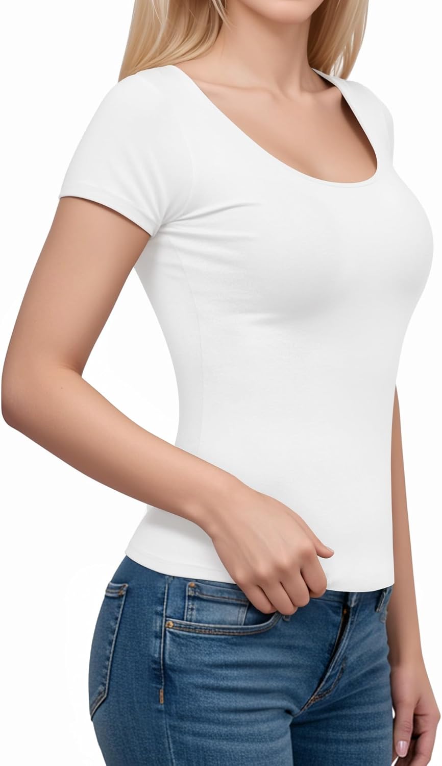 Detalle de ALGALAROUND Women's Scoop Neck Slim Fit Milk Silk T-Shirt