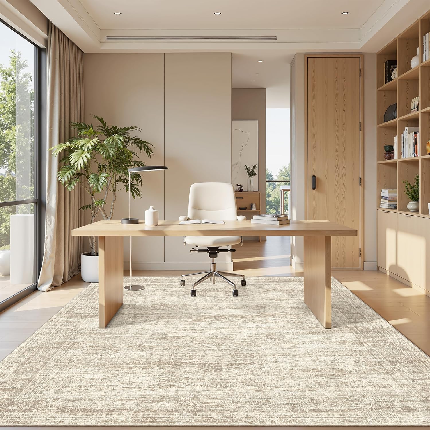Detalle de Soalmost 5x7 Beige Area Rug — Low-Pile, Pet-Friendly, Washable