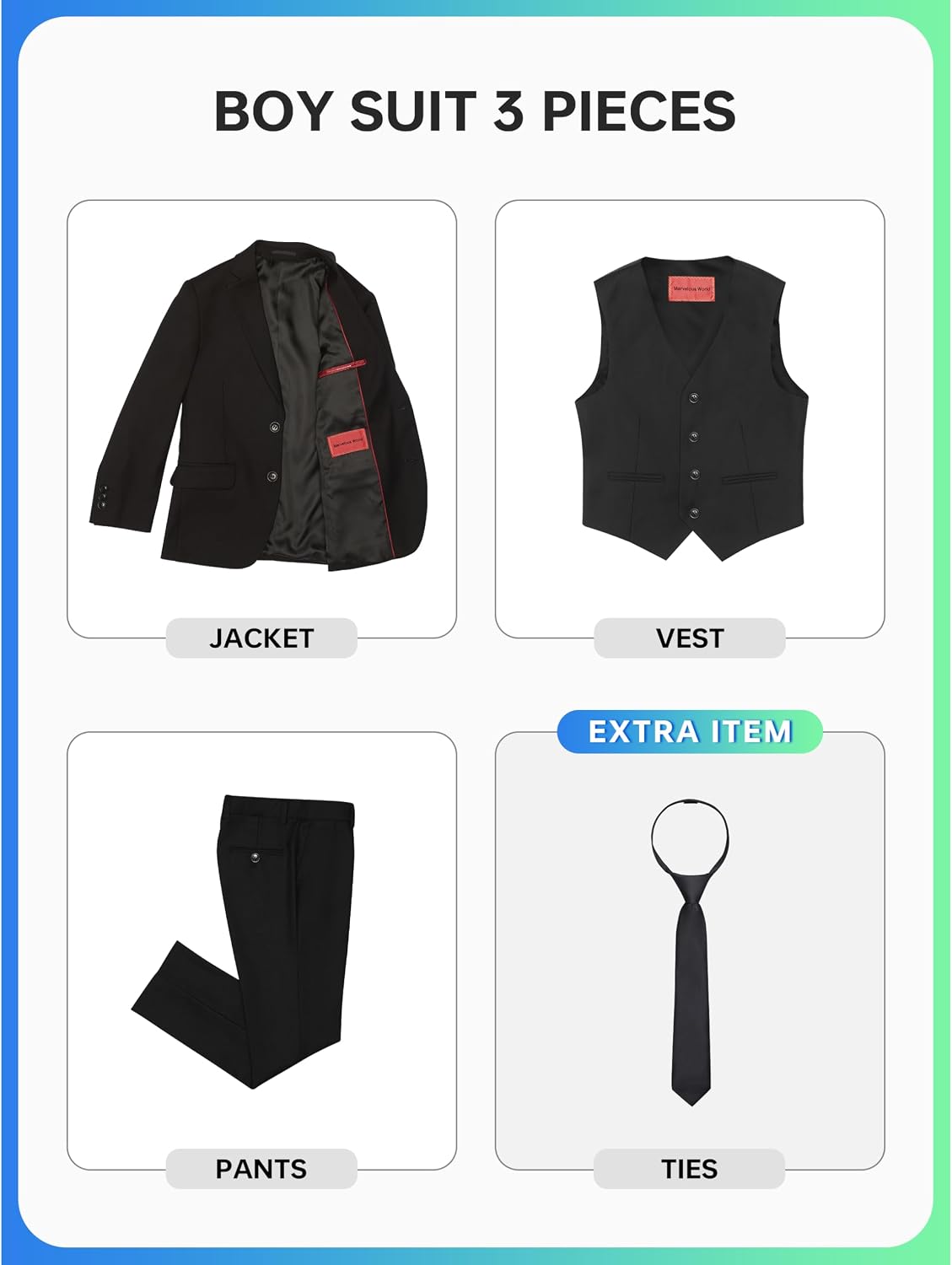 Detalle 2 de Marvelous World Boys' Slim Fit Suit Set with Adjustable Waist and Accessories