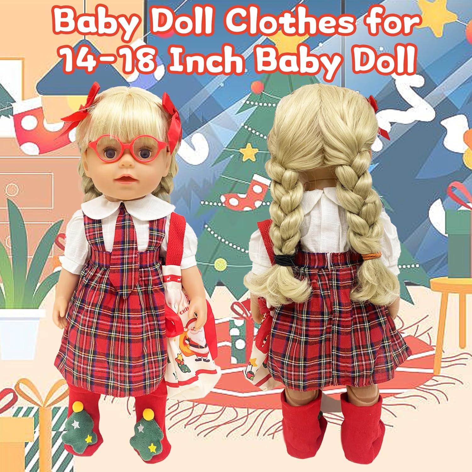 Detalle de Baby doll clothes set for 14–18 inch dolls (35–45cm) – 9-piece winter holiday outfits with red plaid dress, hair clips, glasses, stocking, and bag