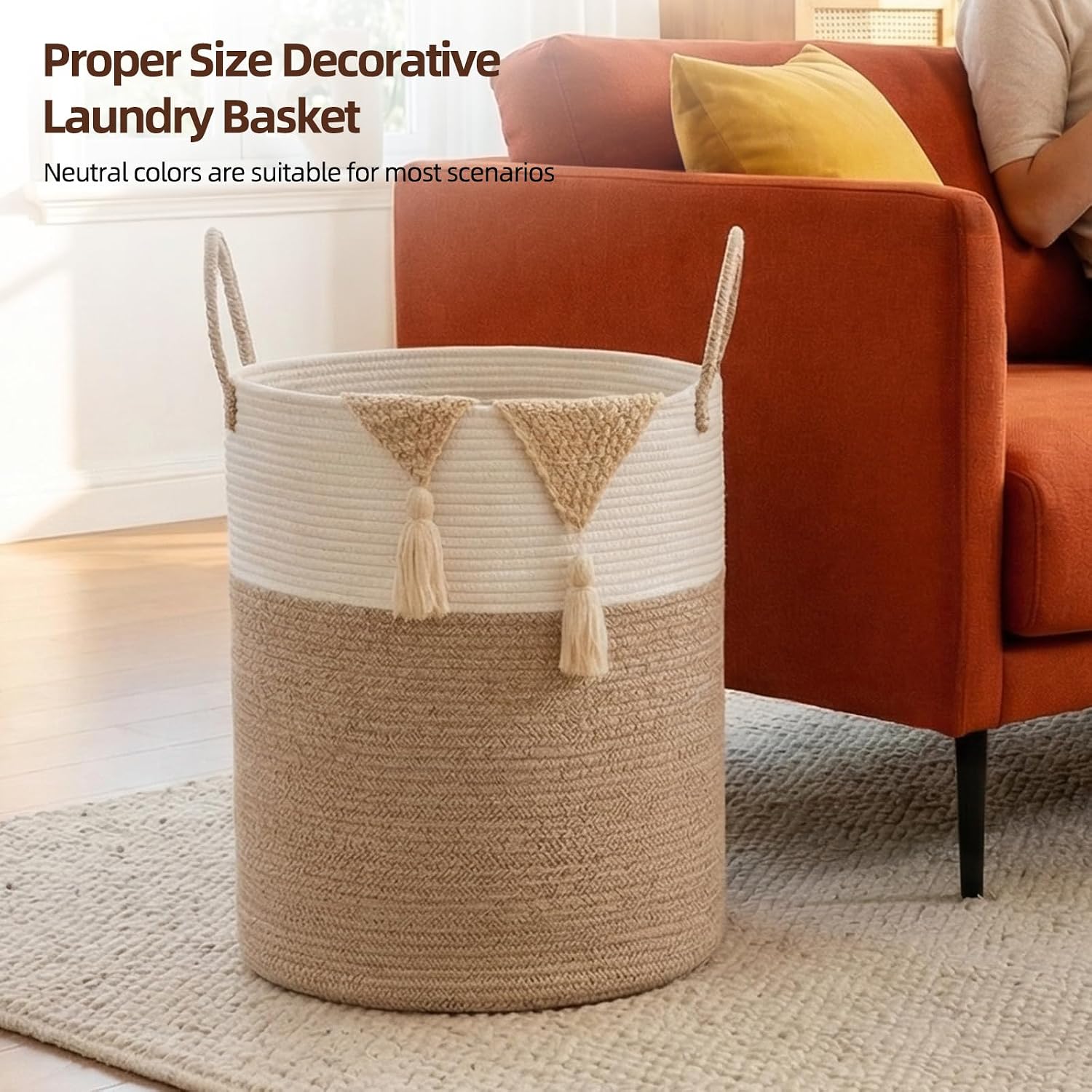 Thumbnail 3 de OIAHOMY 60L Cotton Rope Laundry Hamper, Brown and White, Collapsible