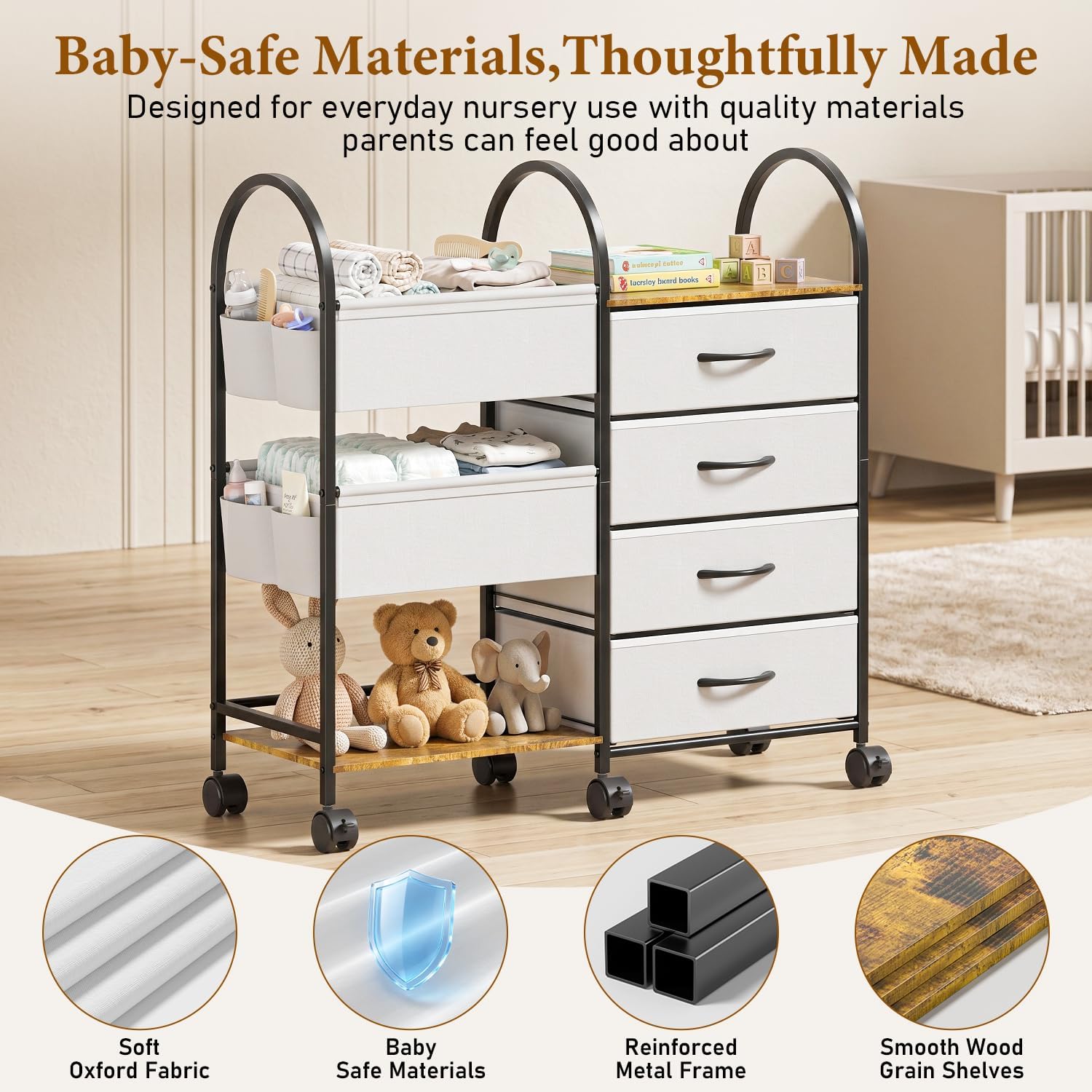 Detalle de Nylaira WJ-NBC 4-Tier Baby Diaper Caddy Cart with Drawers and Locking Wheels