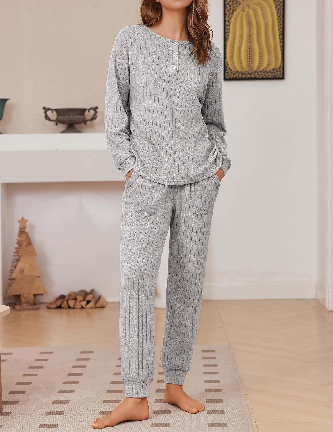 Detalle 2 de Ekouaer Women's Pajama Set, Ribbed Knit