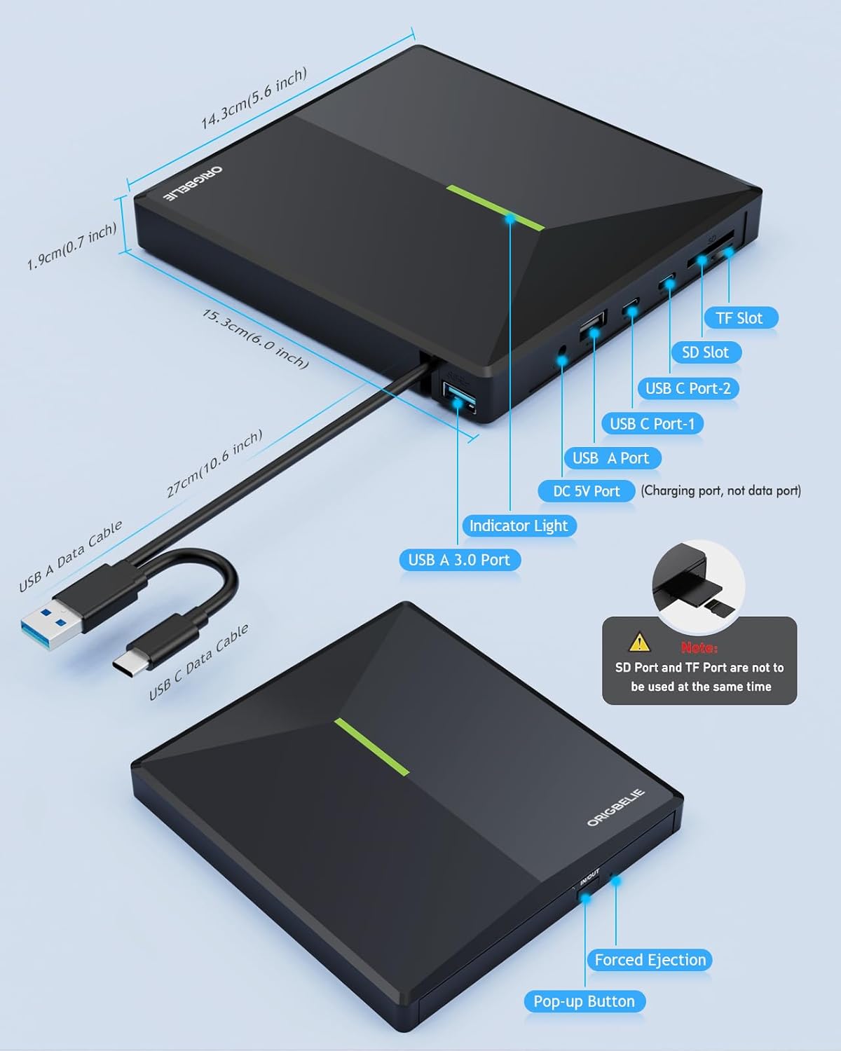 Thumbnail 6 de ORIGBELIE Externes CD/DVD-Laufwerk mit USB 3.0 Hub, 4 USB-Anschlüssen und 2 TF/SD-Kartensteckplätzen