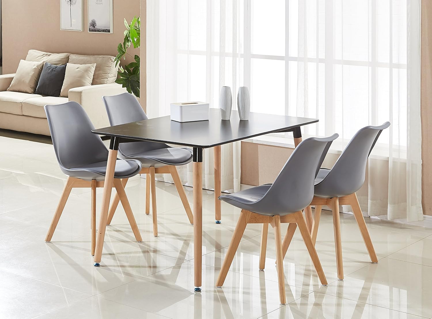 Thumbnail 6 de P&N Homewares Rectangular Dining Room Table Set for 4: Modern Scandinavian Style with PU-Padded Chairs
