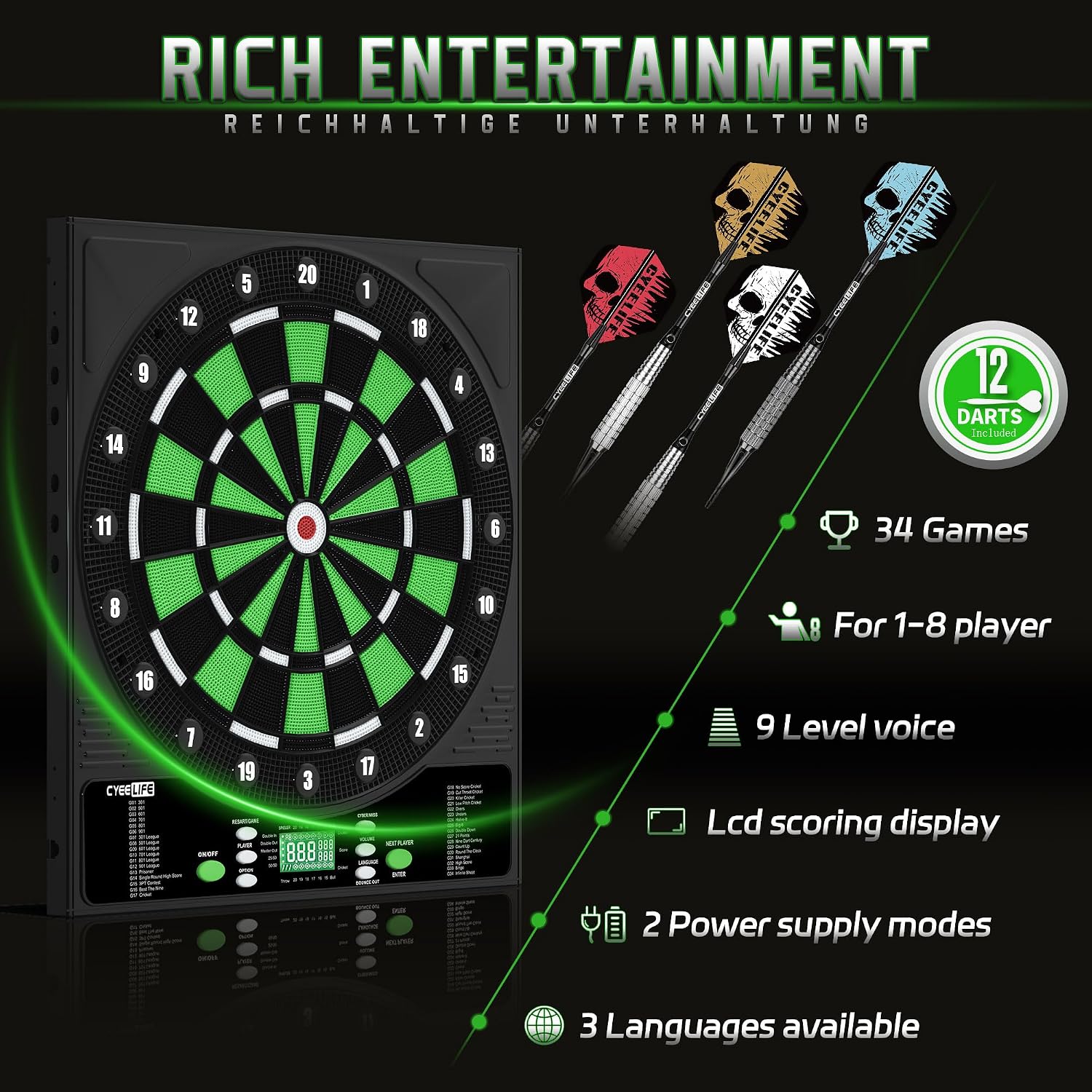 Detalle 2 de CyeeLife electronic dartboard, 35 cm playing area