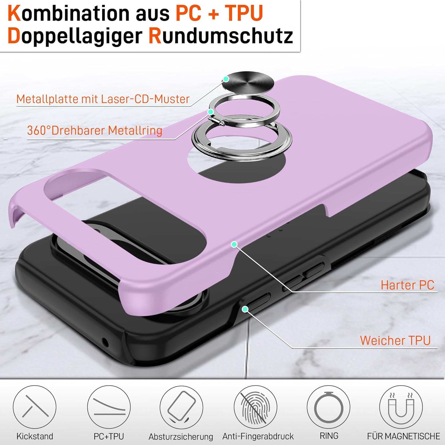 Thumbnail 6 de Pilaru Hülle für Google Pixel 9/9 Pro – 360° drehbarer Ständer, 2 Displayschutzfolien und Stoßschutz