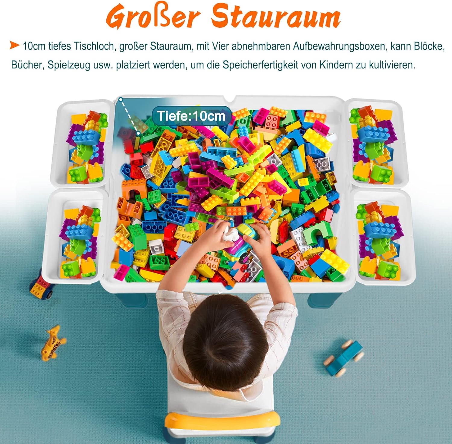 Thumbnail 3 de UISEBRT Kindertisch mit 2 Stühlen und 163 Bausteinen – Multifunktionaler Aktivitätstisch