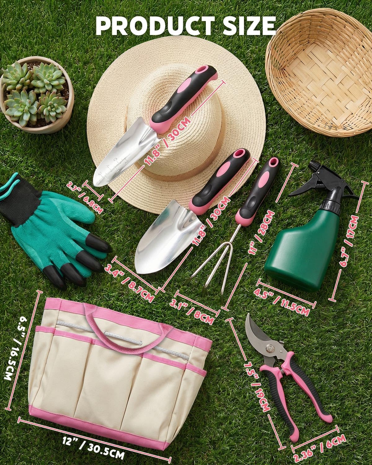Detalle 2 de Garden Tools Set 7 Pack (Stainless Steel) with Storage Tote Bag – Pink ergonomic kit for everyday gardening