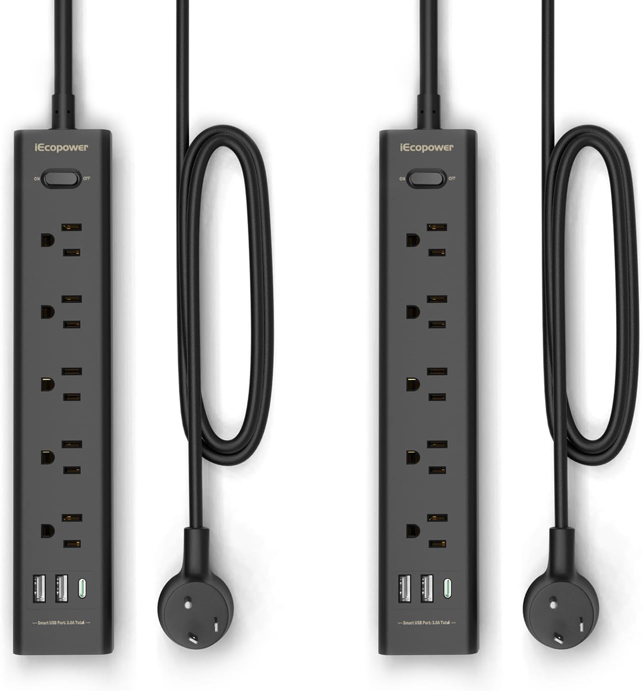 Detalle de 2 Pack Power Strip Surge Protector with 5 Widely Spaced Outlets, 3 USB Ports, 1250W/10A, 5ft Cord, Wall Mount (Black)