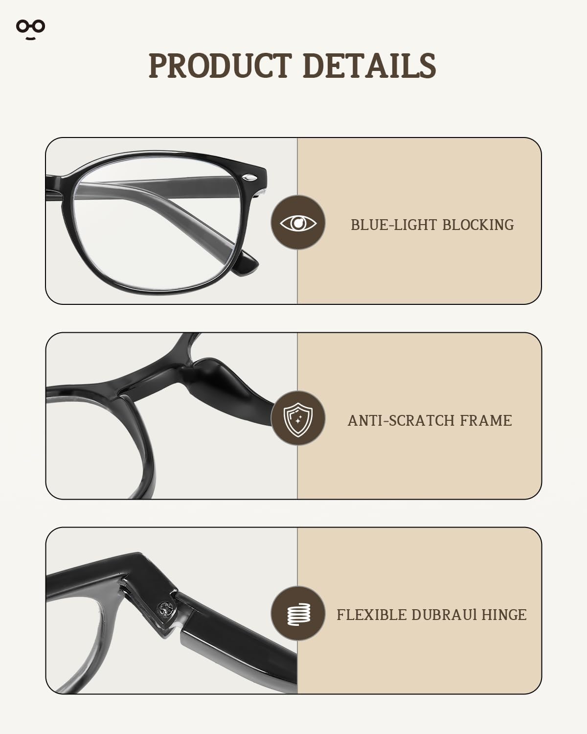 Detalle de JOLISU 5-Pack Reading Glasses with Blue-Light-Blocking Lenses and Spring Hinges