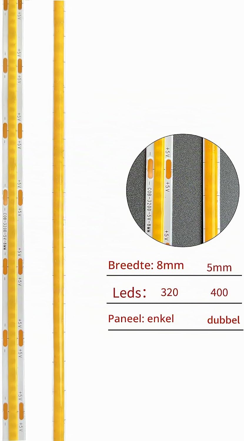Detalle de Clearhill 5VCOB5MM-USB-5-3000K COB-ledstrip, 5 m, 3000 K, 400 leds/m, 5 mm