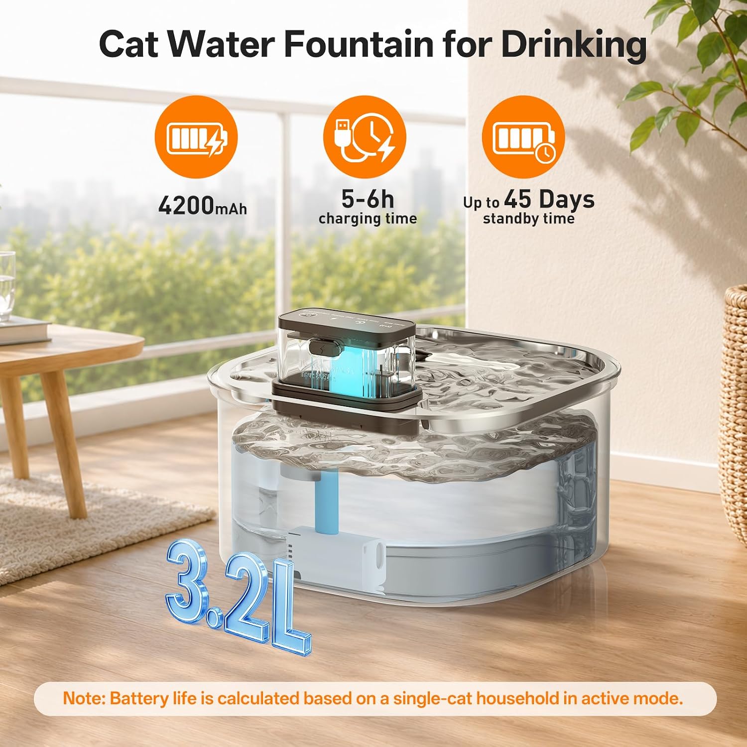 Detalle de VinDox Wireless Cat Water Fountain (108oz/3.2L) – Ultra-Quiet, Battery Powered Stainless Steel