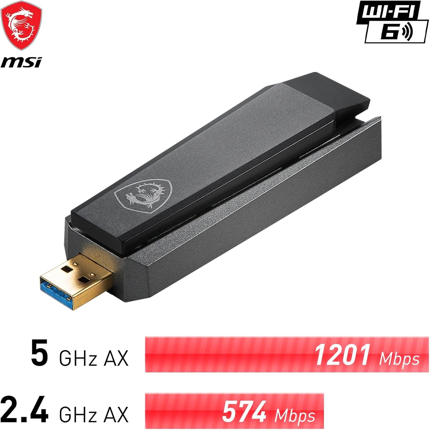 Thumbnail 1 de MSI AX1800 : adaptateur Wi‑Fi 6 USB double bande (USB 3.2 Gen 1) avec antenne ajustable