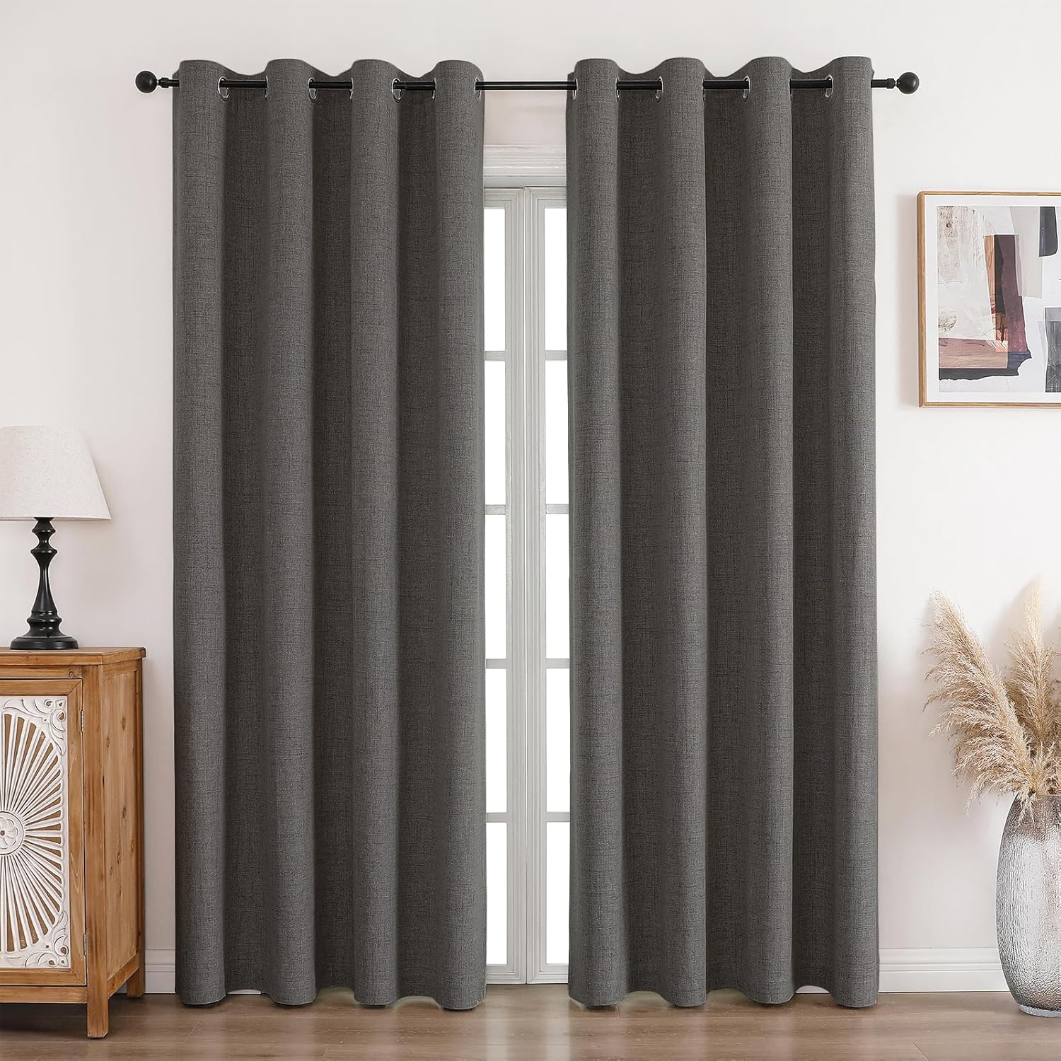 Detalle de CUCRAF 100% Blackout Curtains Grey, 2 Panels, 66 x 90 Inch – Energy-Saving, Noise-Reducing, Linen-Look Blackout Drapes