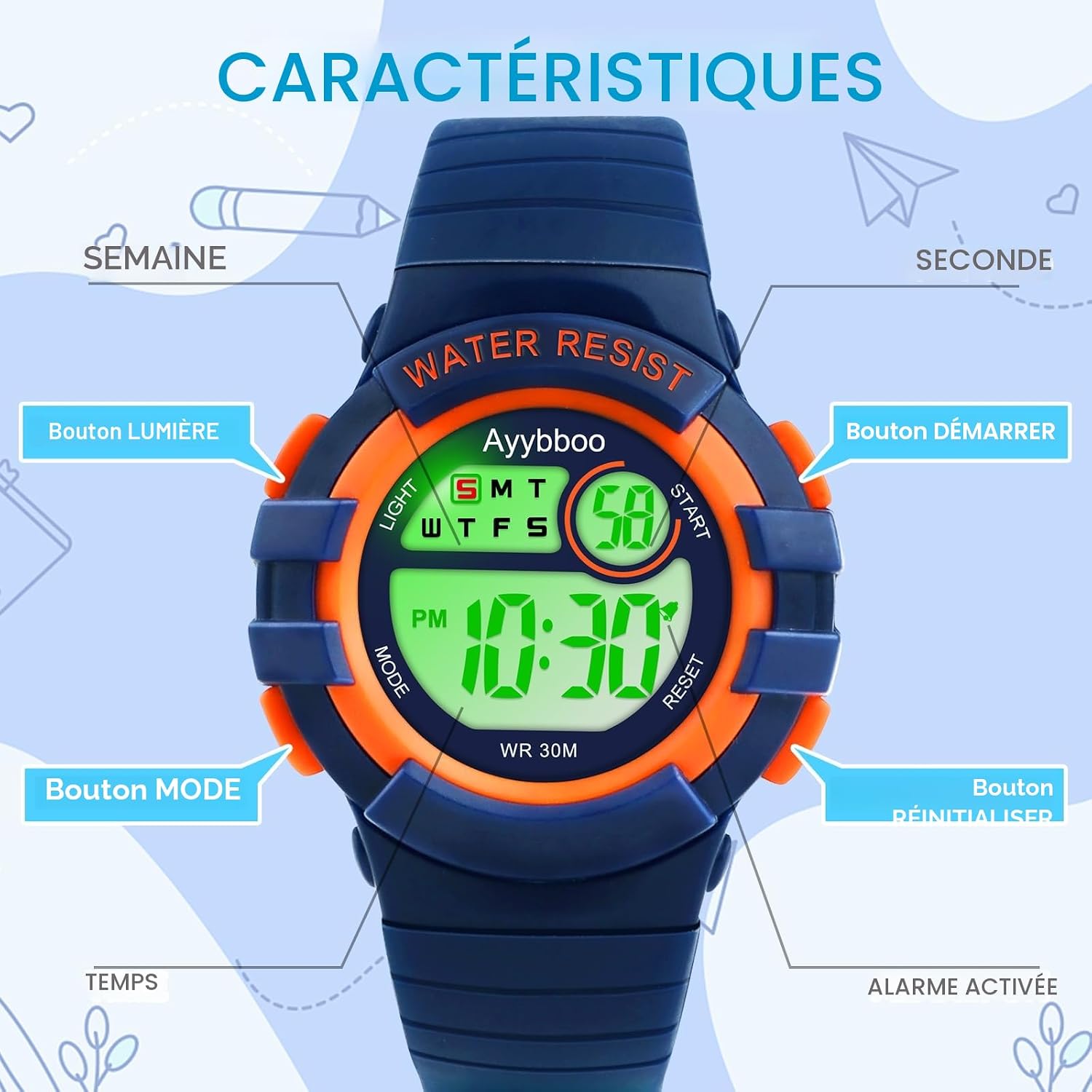 Detalle 2 de Ayybboo Montre Enfant Numérique – LED 7 couleurs, étanche 30m, alarm et chronomètre, cadeau idéal