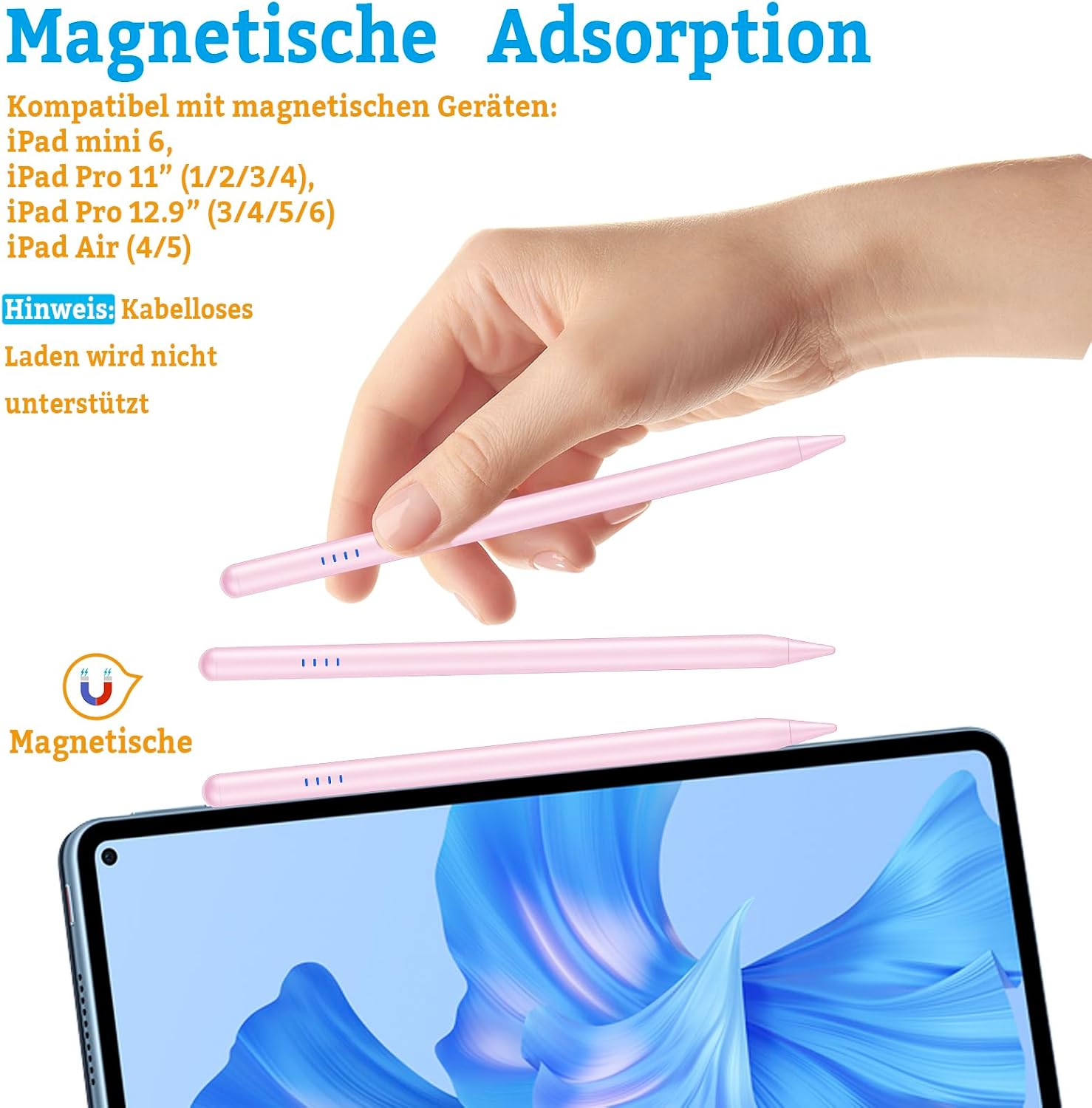 Thumbnail 4 de iPad Stift (Apple Pencil kompatibel) für iPad 2018–2025, mit Neigungssensor, Palm Rejection und Type‑C Schnellladung – Rosa