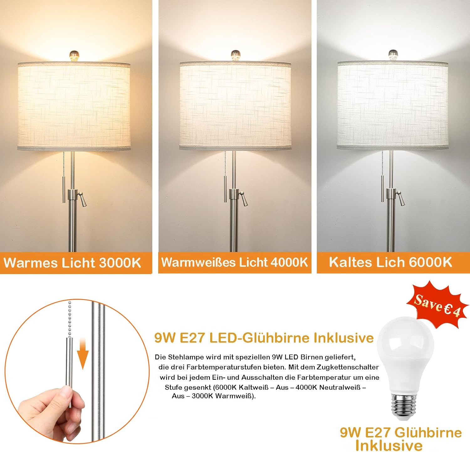 Thumbnail 2 de Qingmiao Stehlampe Wohnzimmer Modern mit Leinen-Lampenschirm, höhenverstellbar 140–168 cm, E27, 3 Farbtemperaturen (3000–6000K) – Silber