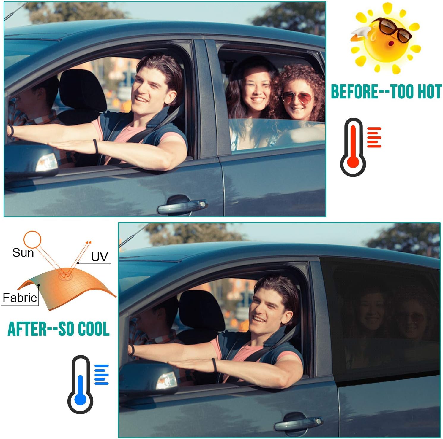 Detalle de Tendine Parasole Auto, 2 Pezzi - Protezione UV, Zanzare e Privacy per Finestrini Laterali (XL)