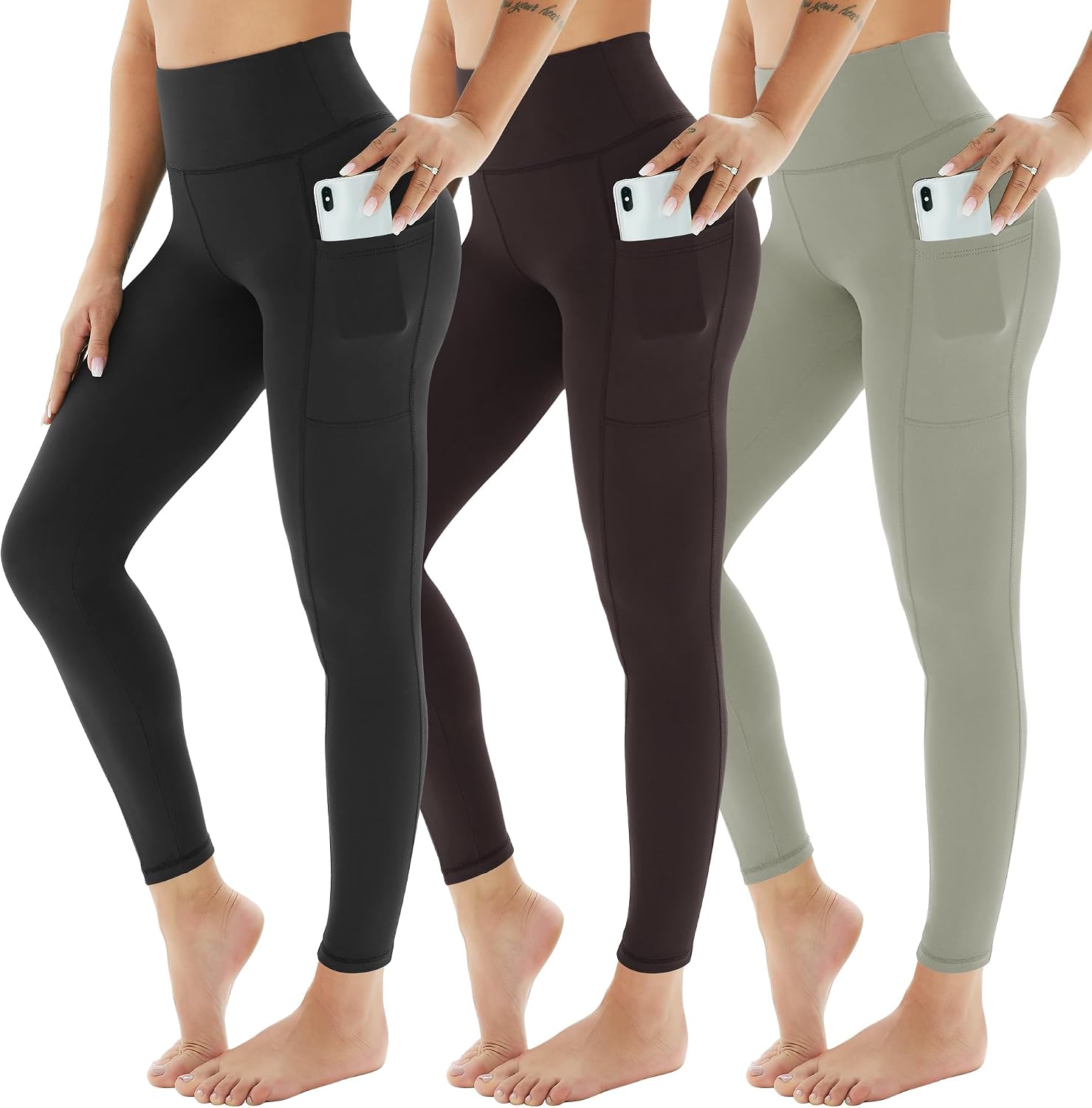 Detalle 2 de AMIYOYO Sport-Leggings Damen mit Tasche, High Waist, blickdicht – 3er Pack