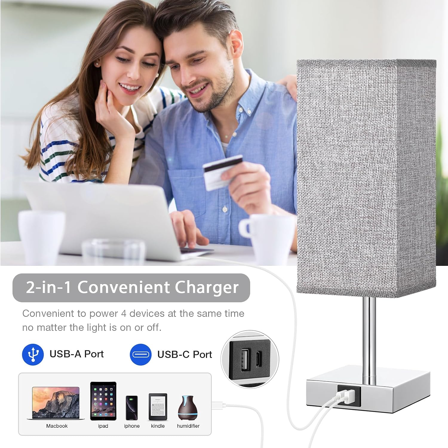 Detalle de Aooshine Bedside Lamps: 3‑Way Dimmable Touch Lamp with USB A+C Ports (Grey Fabric Shade)