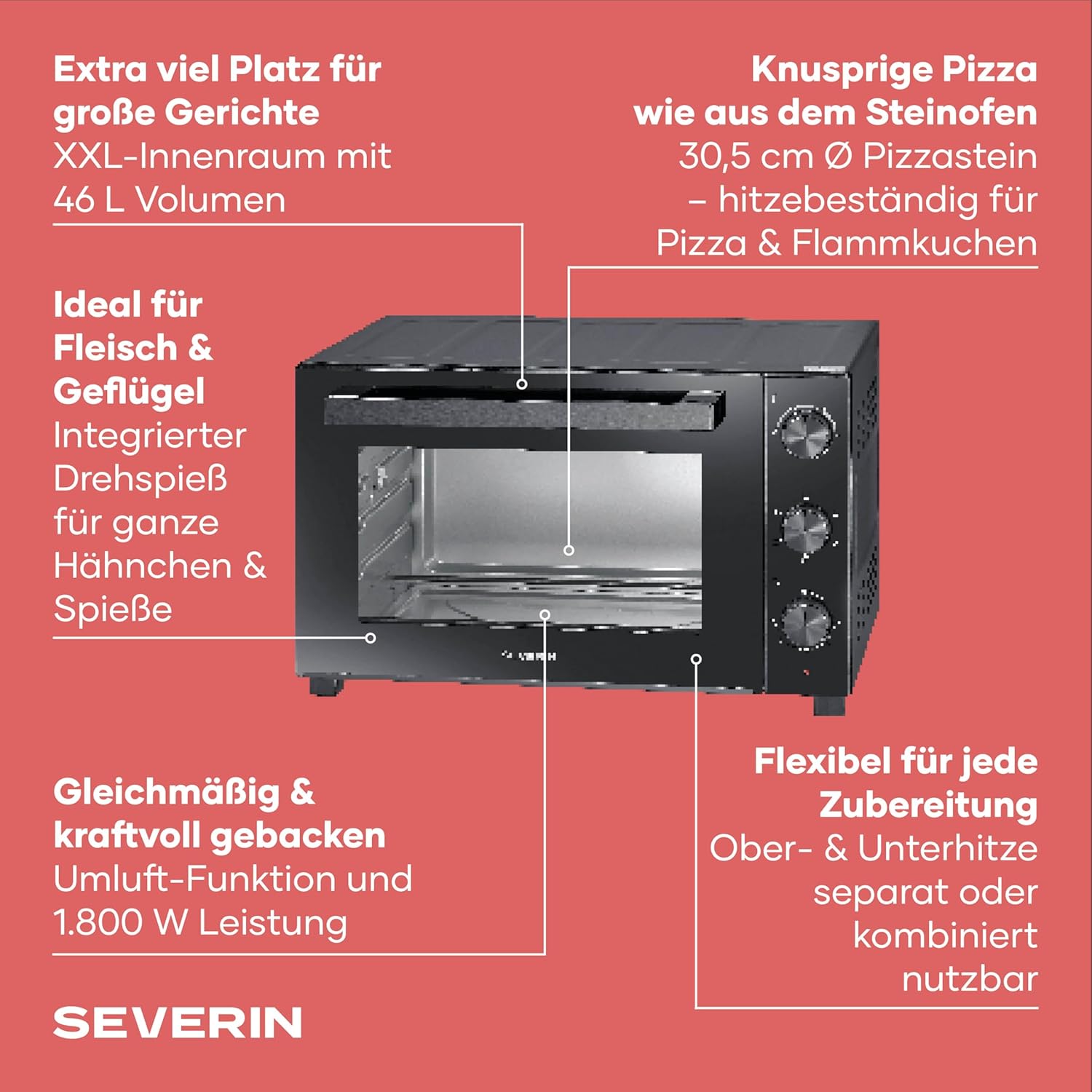 Detalle de Severin TO 9025 Back- und Toastofen mit Umluftfunktion, 46 L Innenraum, Drehspieß & 1800 W